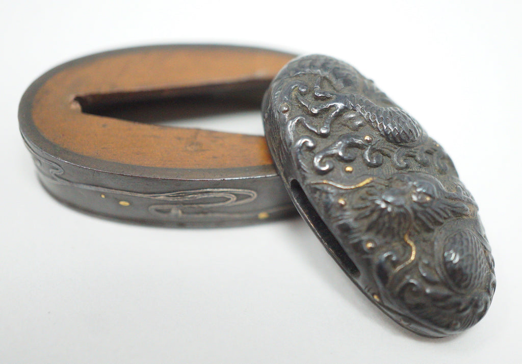 Japanese Kashira & Fuchi Sword Parts Set with Dragon Design 0706D5
