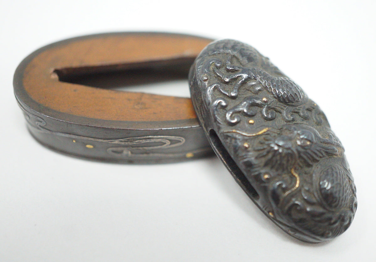 Japanese Kashira & Fuchi Sword Parts Set with Dragon Design 0706D5 ...