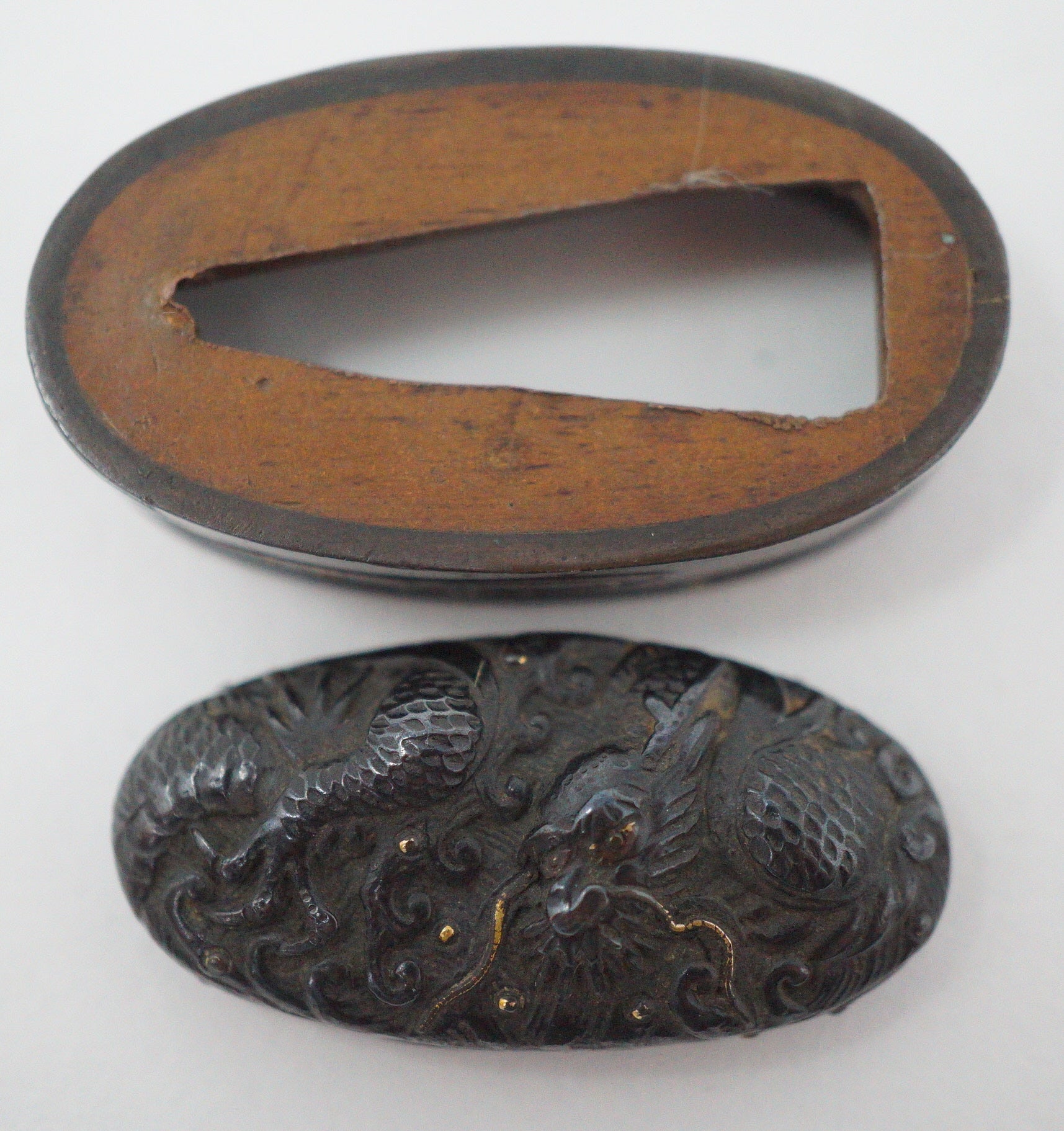 Japanese Kashira & Fuchi Sword Parts Set with Dragon Design 0706D5