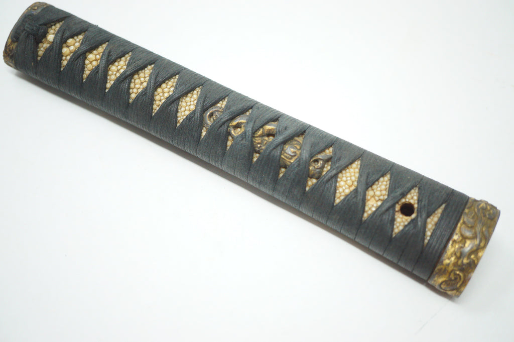 Antique Edo Period Japanese Katana Tsuka • Ornate Dragon Motif High-Relief Gilt Menuki Sword Handle 0623G5