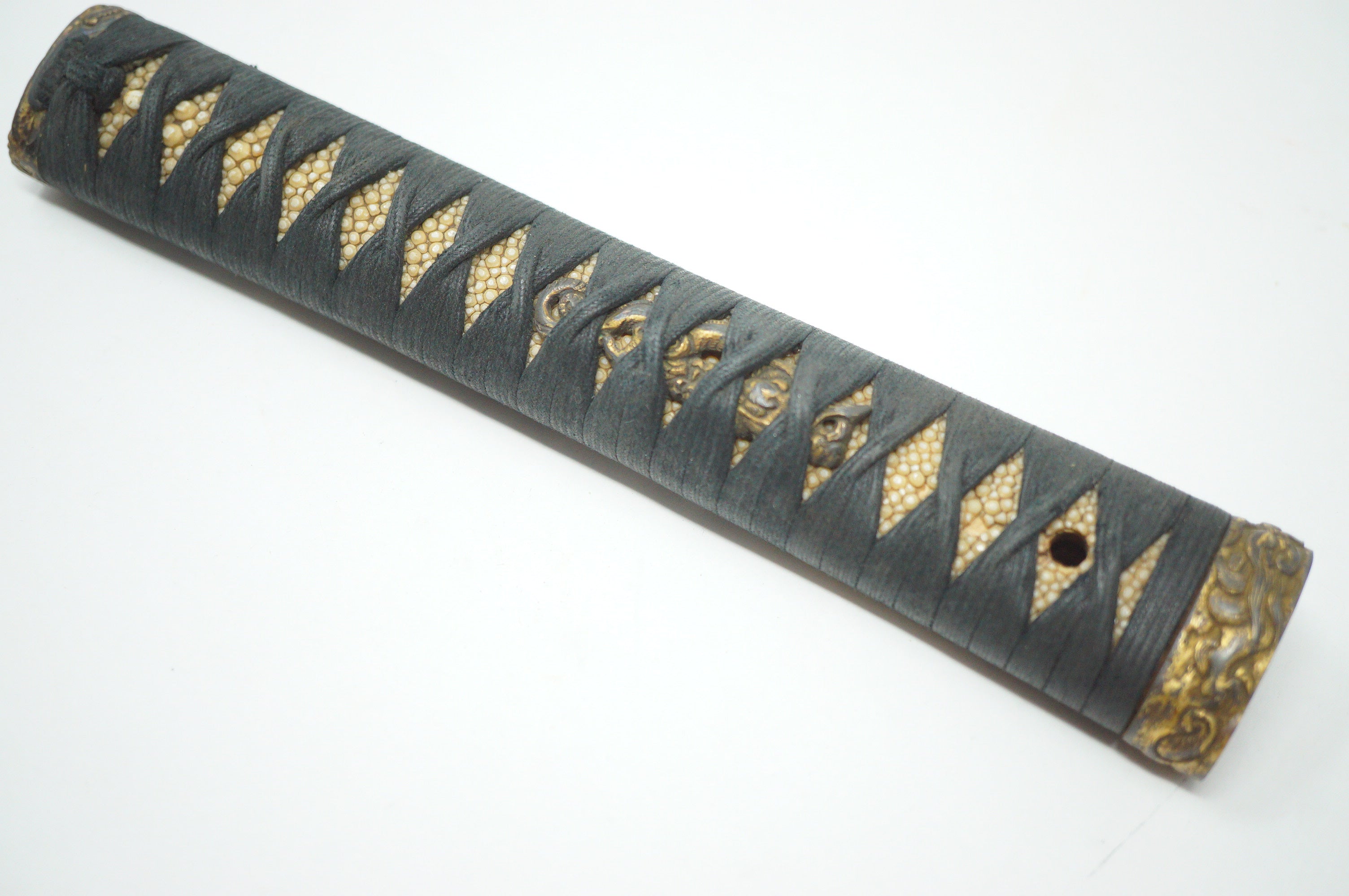 Antique Edo Period Japanese Katana Tsuka • Ornate Dragon Motif High-Relief Gilt Menuki Sword Handle 0623G5
