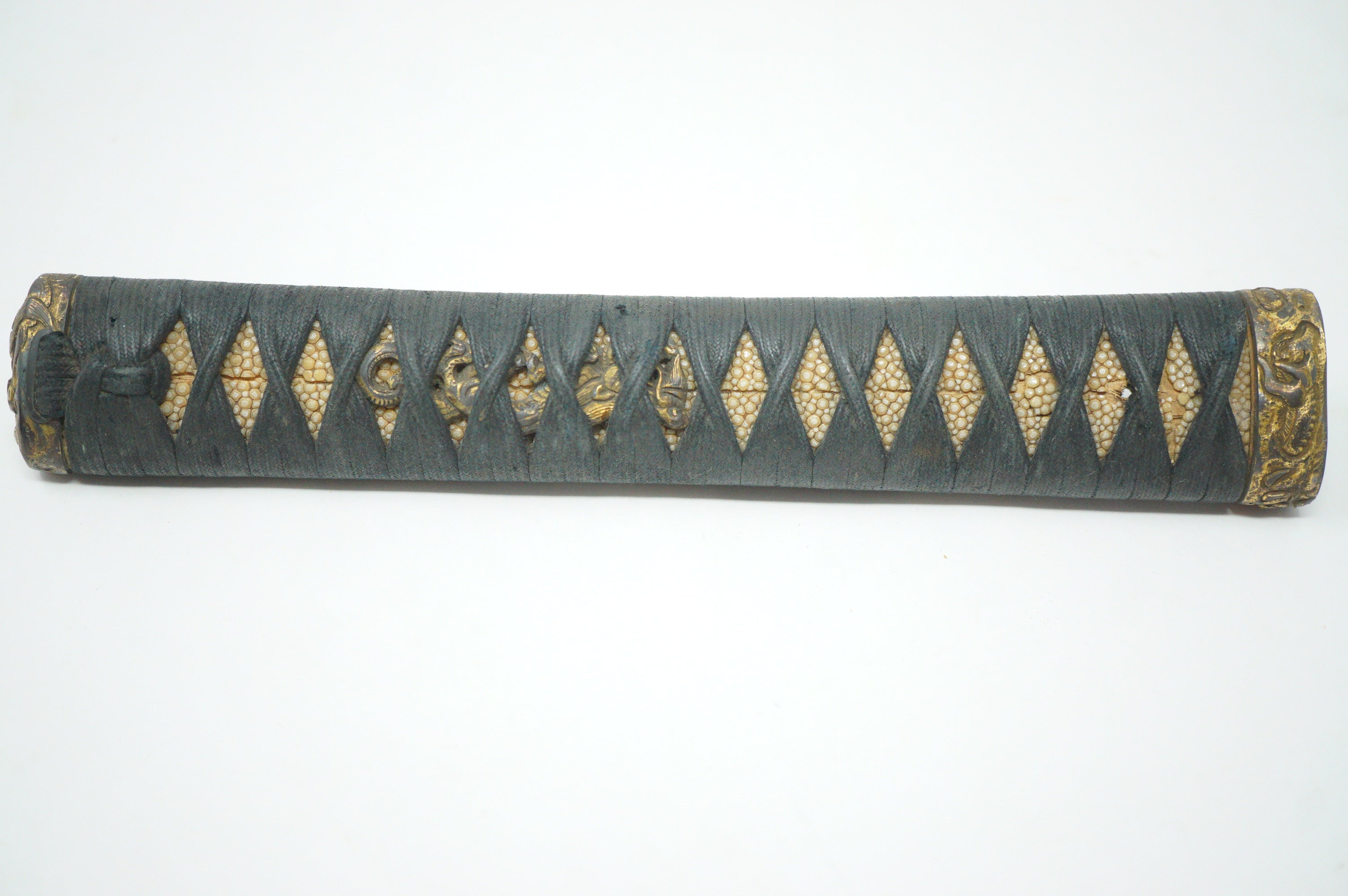 Antique Edo Period Japanese Katana Tsuka • Ornate Dragon Motif High-Relief Gilt Menuki Sword Handle 0623G5