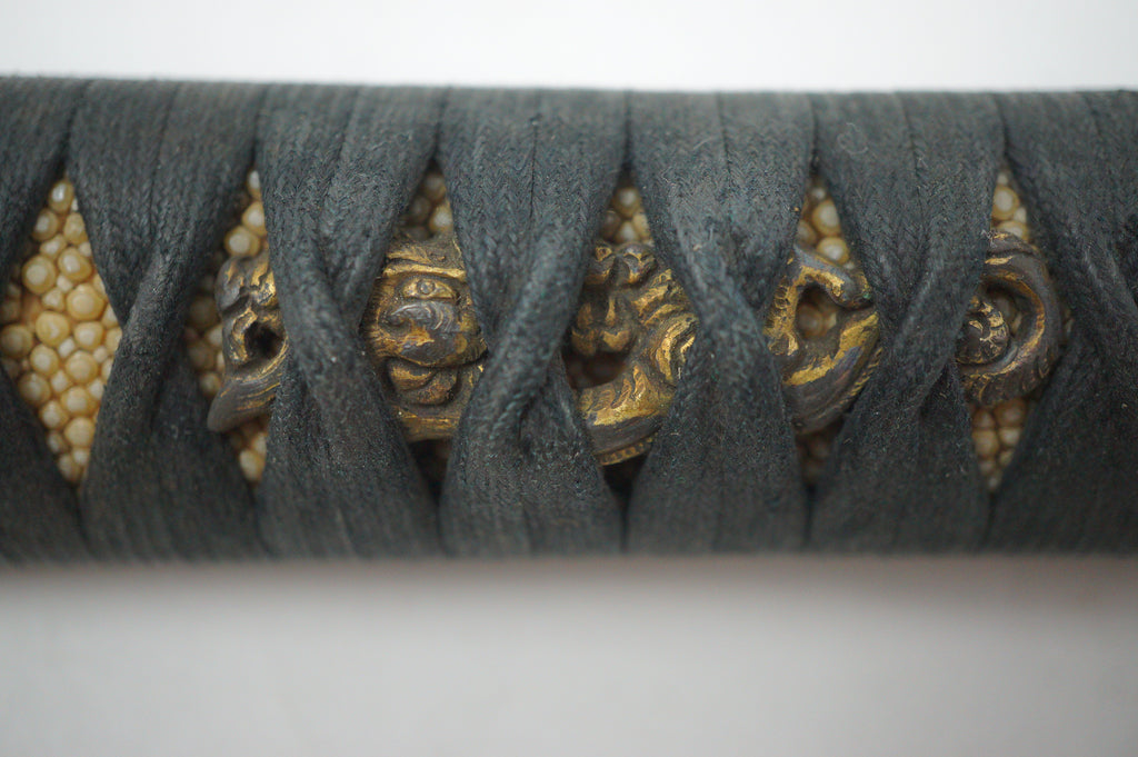 Antique Edo Period Japanese Katana Tsuka • Ornate Dragon Motif High-Relief Gilt Menuki Sword Handle 0623G5