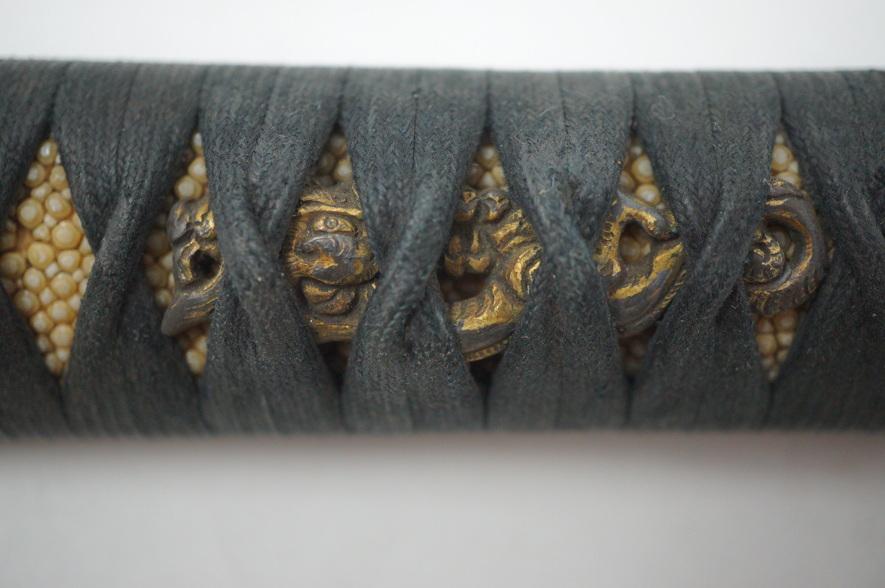 Antique Edo Period Japanese Katana Tsuka • Ornate Dragon Motif High-Relief Gilt Menuki Sword Handle 0623G5