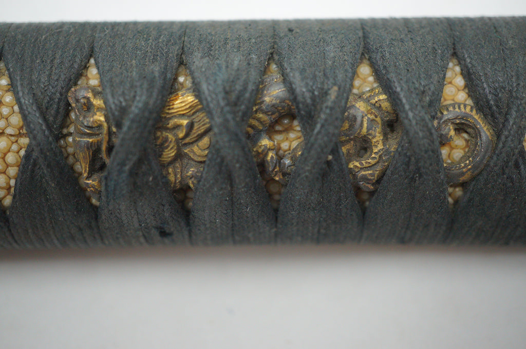 Antique Edo Period Japanese Katana Tsuka • Ornate Dragon Motif High-Relief Gilt Menuki Sword Handle 0623G5