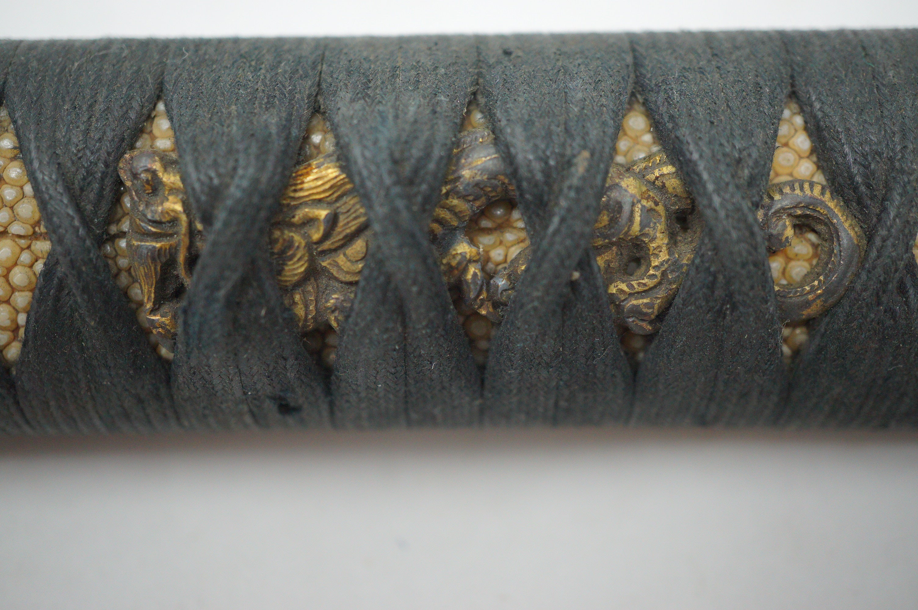 Antique Edo Period Japanese Katana Tsuka • Ornate Dragon Motif High-Relief Gilt Menuki Sword Handle 0623G5