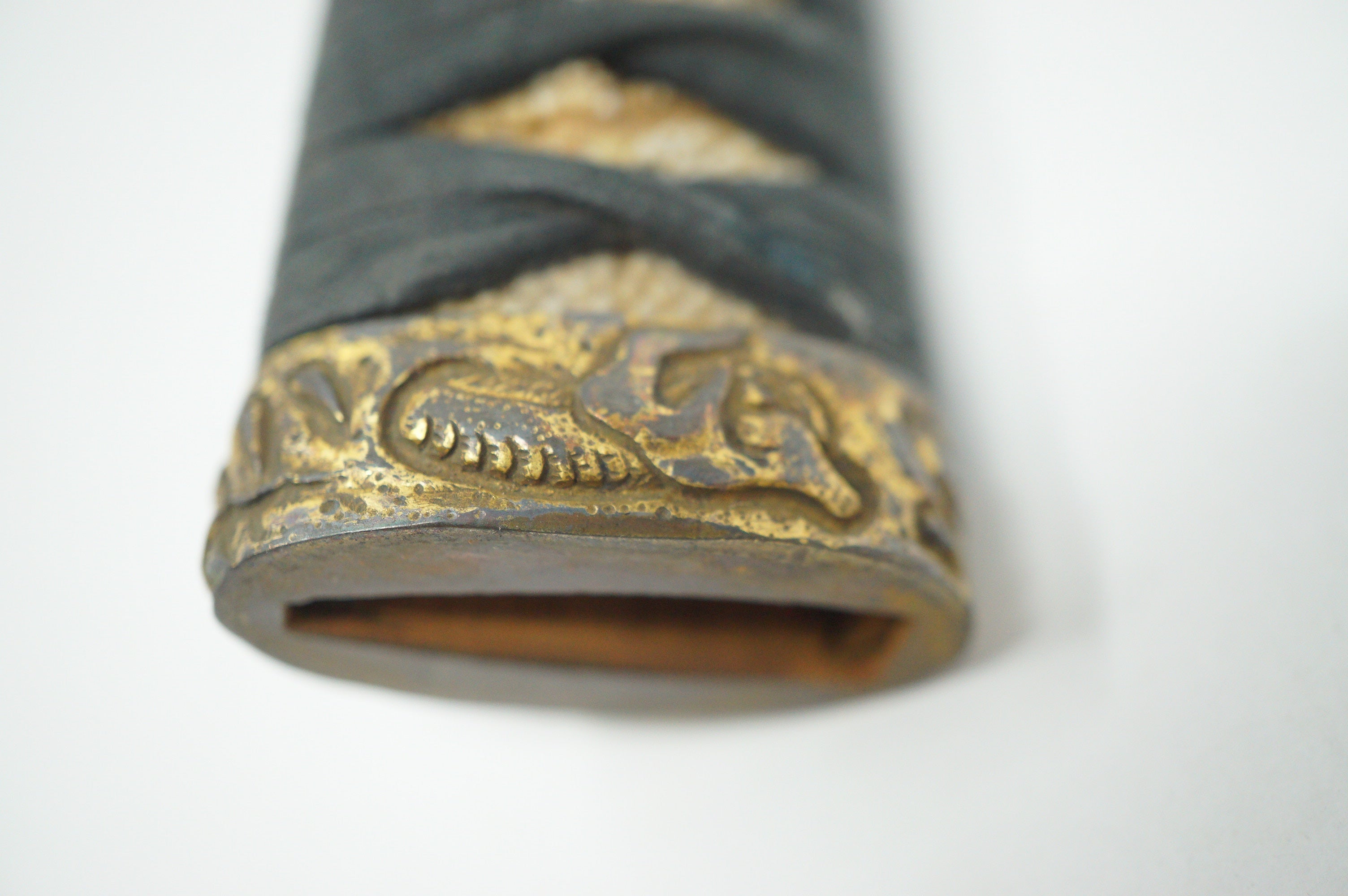 Antique Edo Period Japanese Katana Tsuka • Ornate Dragon Motif High-Relief Gilt Menuki Sword Handle 0623G5