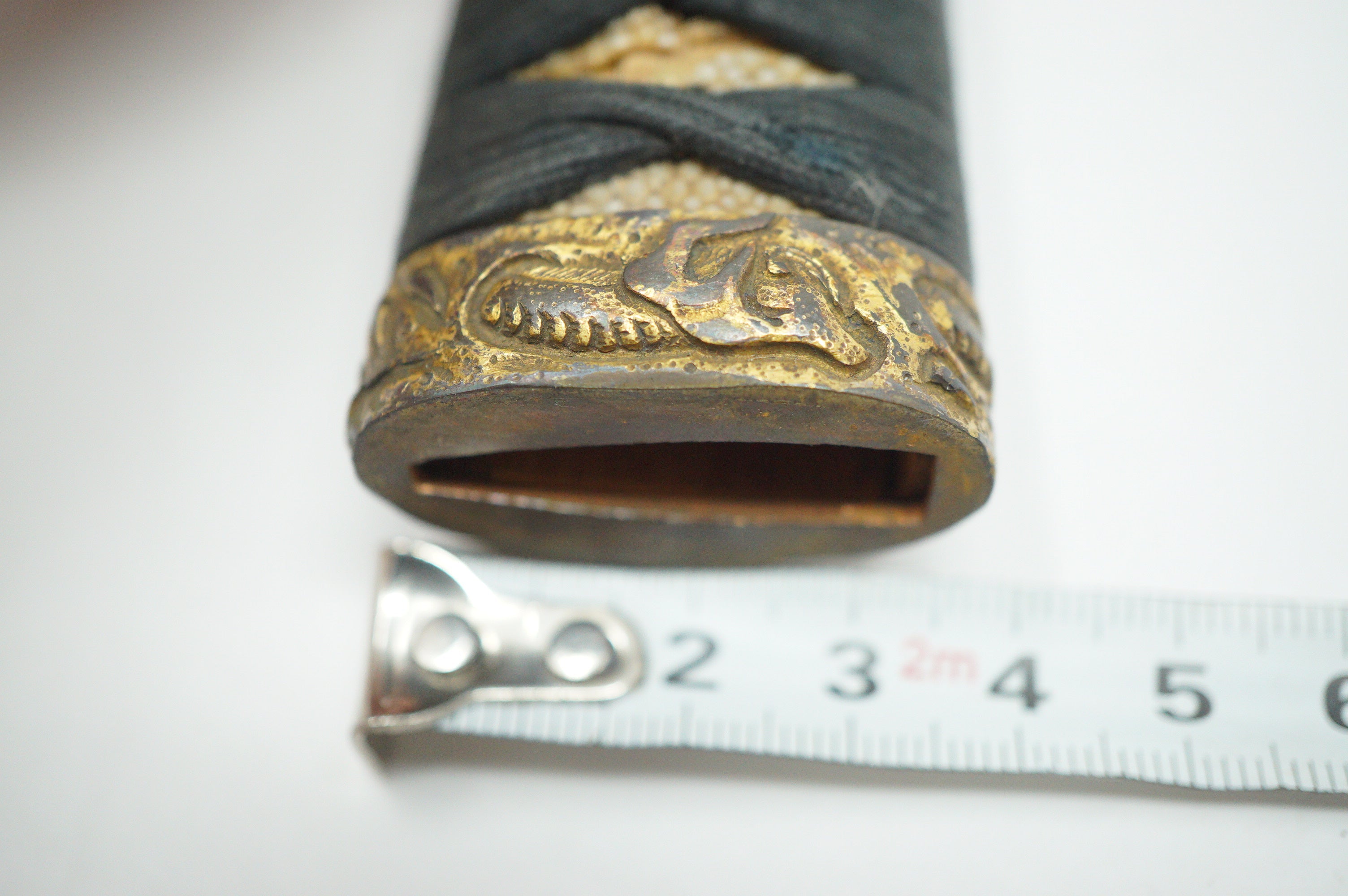 Antique Edo Period Japanese Katana Tsuka • Ornate Dragon Motif High-Relief Gilt Menuki Sword Handle 0623G5