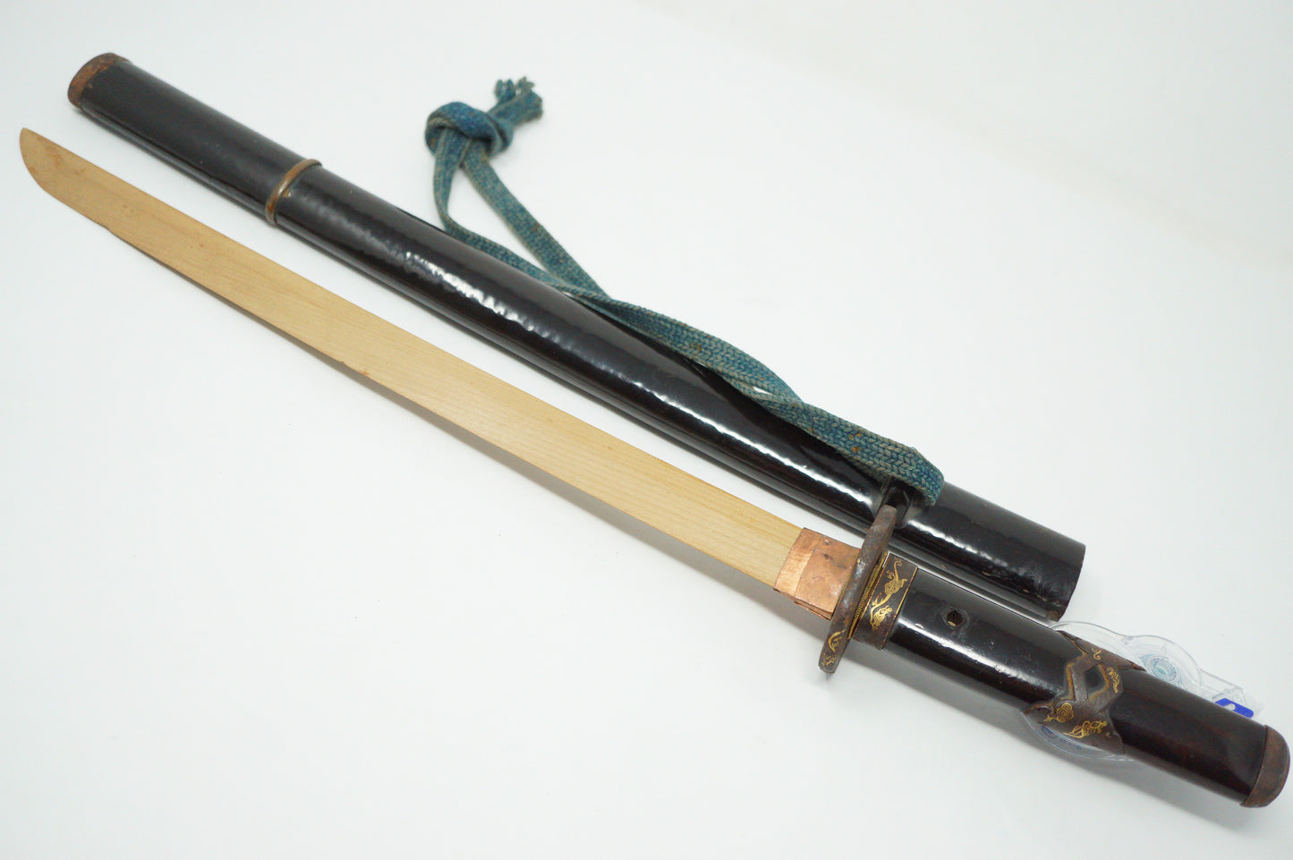 Japanisches Wakizashi-Schwert mit Holzklinge und Goldeinlagen, antikes Original aus Japan 0119E5