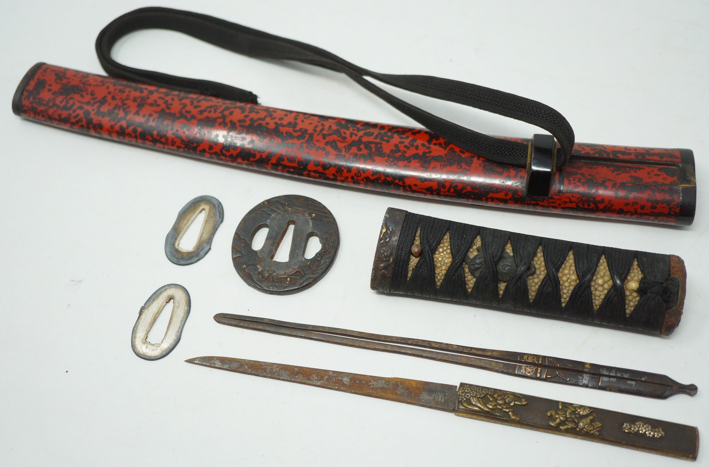 Japanische antike Wakizashi-Schwertteile inkl. feinem Kogai- und Kozuka-Set, Original aus Japan 0212F5