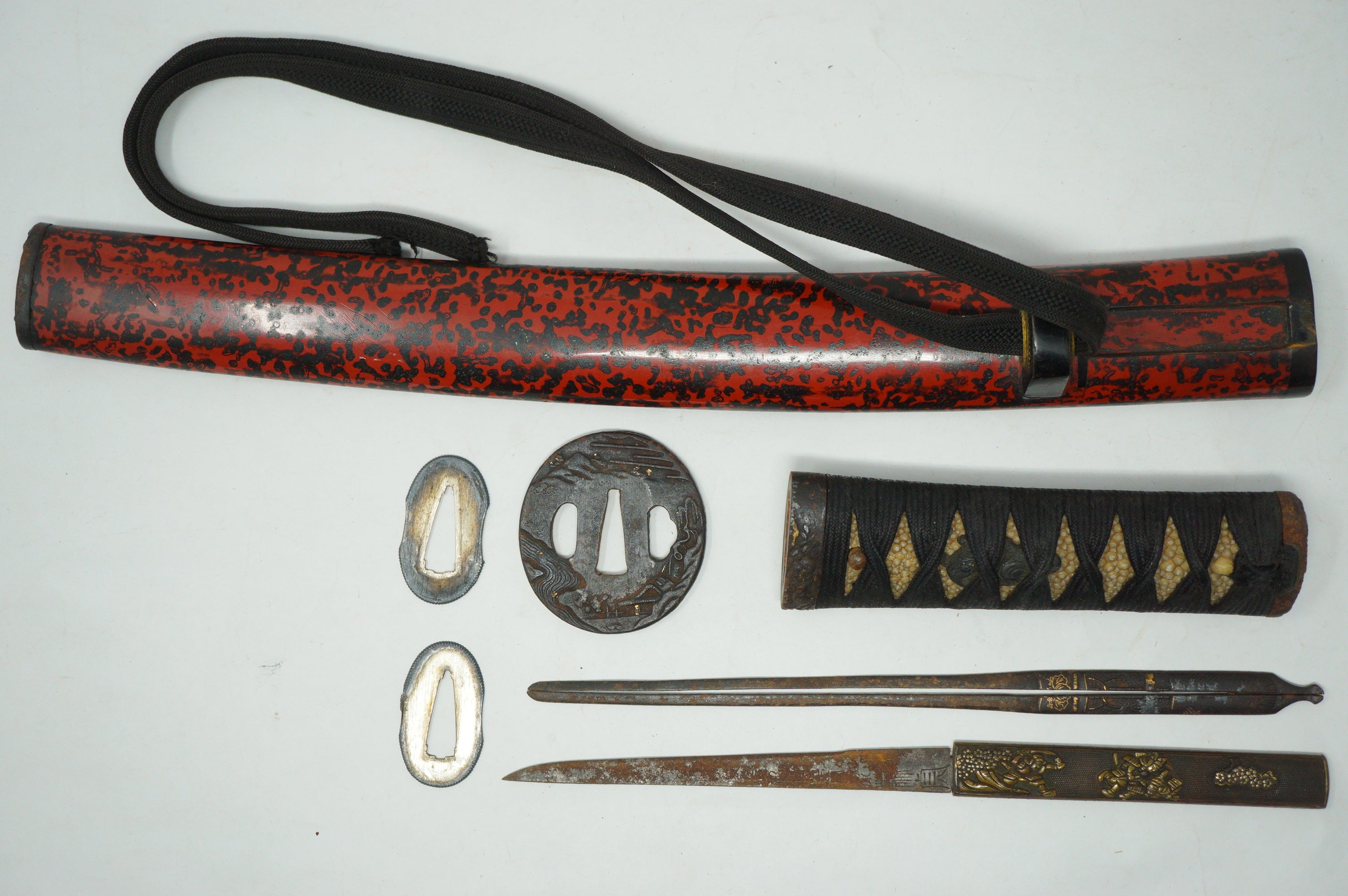 Japanische antike Wakizashi-Schwertteile inkl. feinem Kogai- und Kozuka-Set, Original aus Japan 0212F5