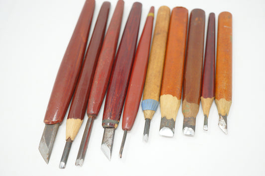 Japanisches Vintage-Holzschnitzmesser-Set mit 10 scharfen und originalen Werkzeugen aus Japan 1012D5