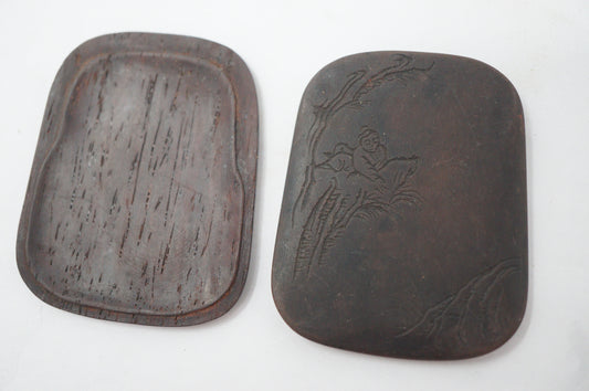 Quality Ink Stone with Fine Carvings & Wooden Lid Mini-Suzuri Original from Japan 0110F6