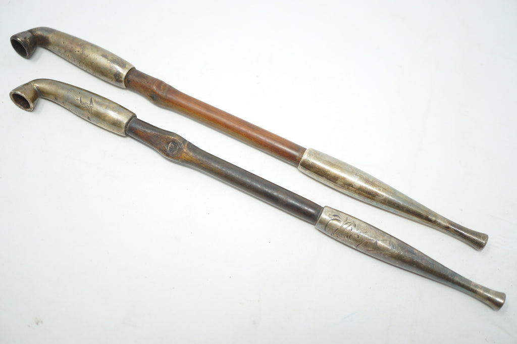 Japanese Kiseru Pipe Set Bamboo & Silver Signed with Geisha Engraving 1111D6