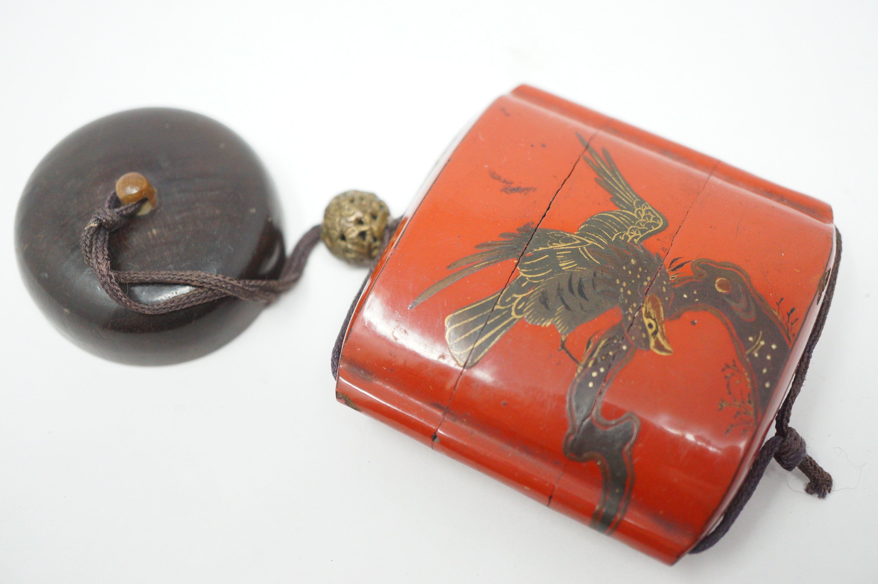 Japanisches Inro Netsuke &amp; Ojime „Adler jagt Kaninchen“ Original Sagemono aus Japan 1206D6