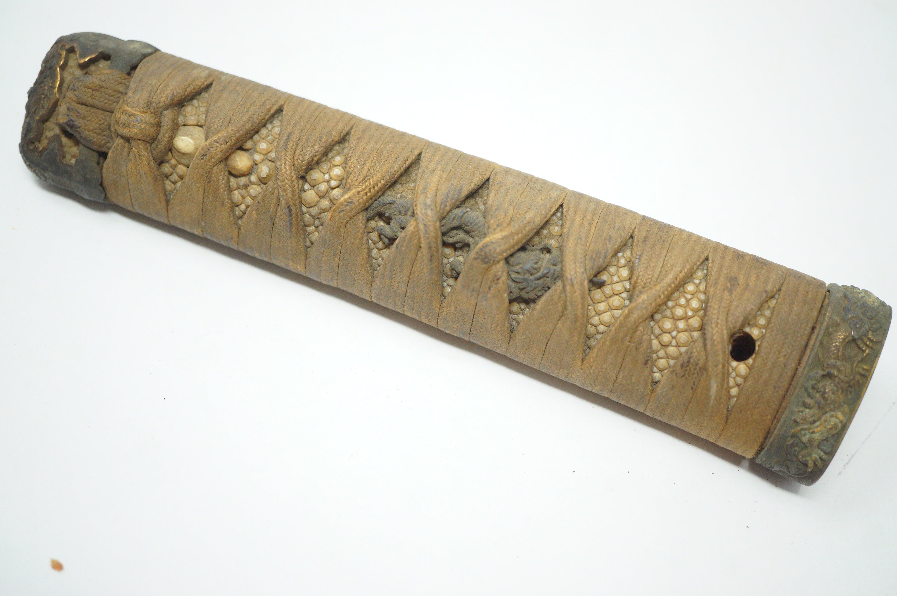 Antique Edo Period Japanese Katana Tsuka • Matching Dragon Motif High-Relief Menuki Sword Handle 0623G7