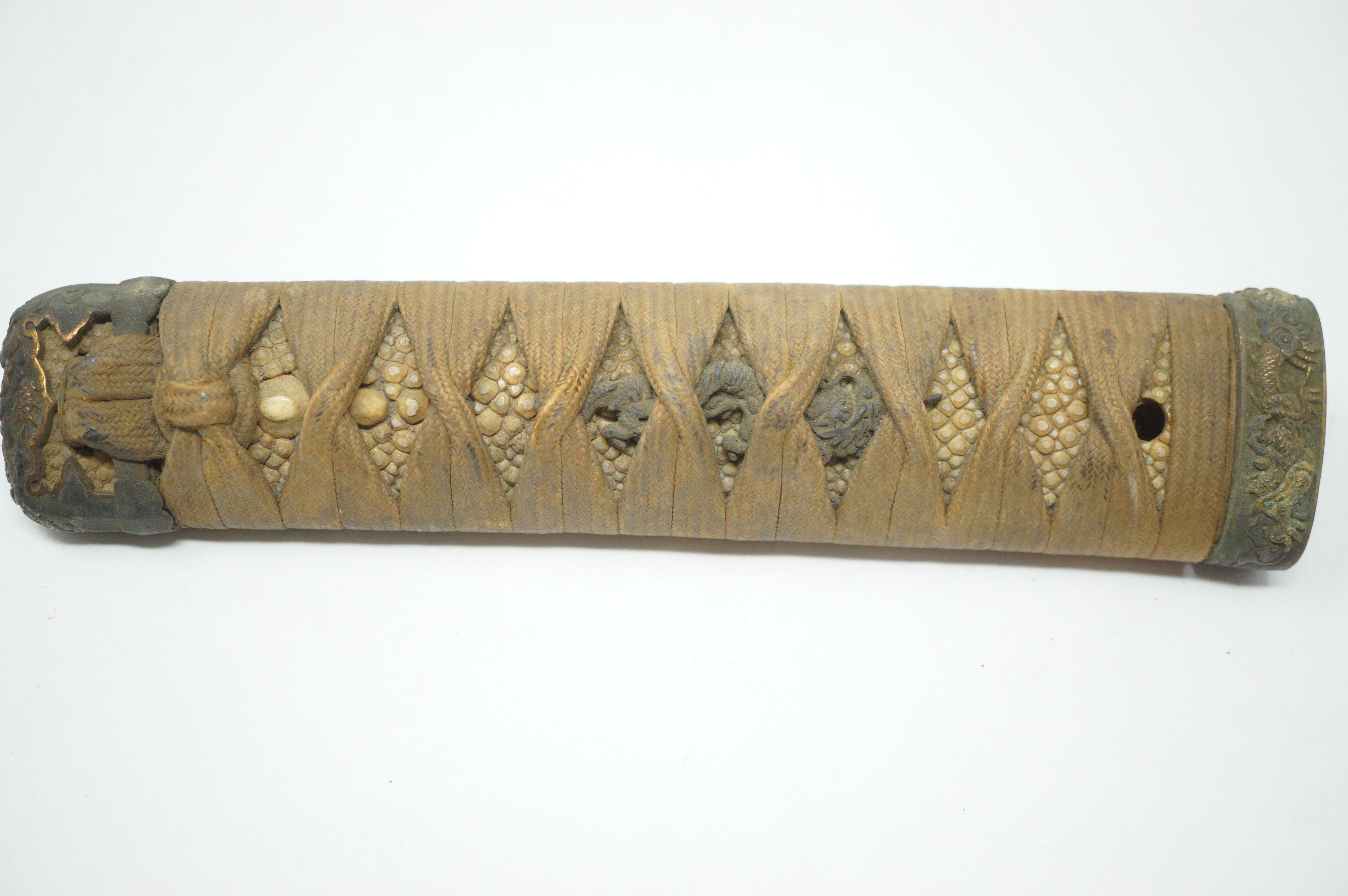 Antique Edo Period Japanese Katana Tsuka • Matching Dragon Motif High-Relief Menuki Sword Handle 0623G7