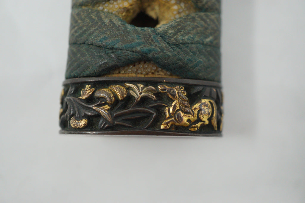 Japanese Wakizashi Sword Handle Antique Original Tsuka with Signed Fuchi 1127F7