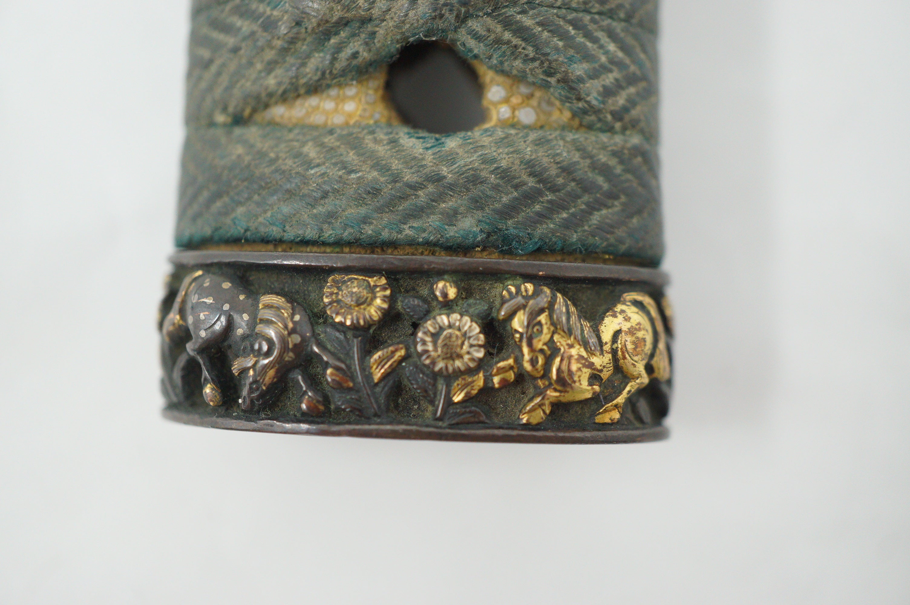 Japanese Wakizashi Sword Handle Antique Original Tsuka with Signed Fuchi 1127F7