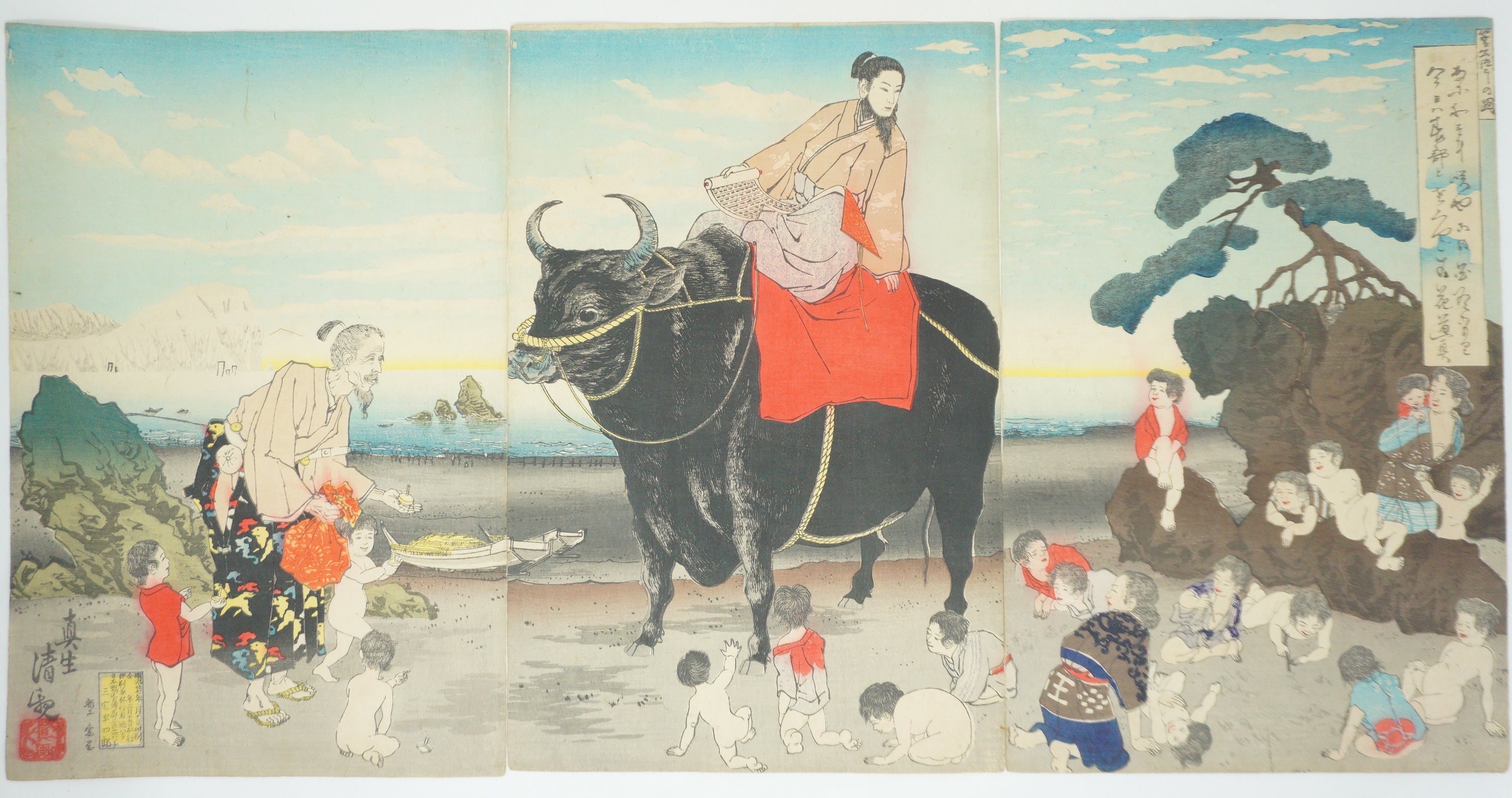 Japanischer Holzschnitt 1885 Original von Kiyochika "Sugawara no Michizane reitet auf einem Ochsen" 0514F7