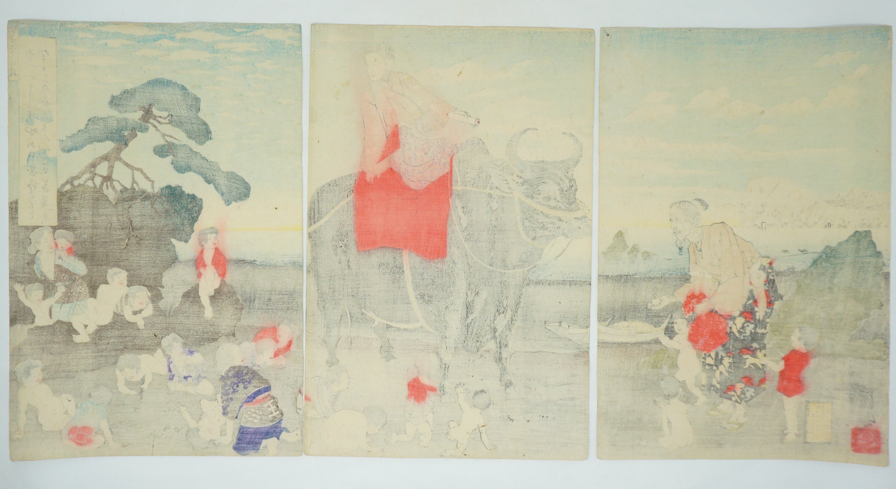 Japanischer Holzschnitt 1885 Original von Kiyochika "Sugawara no Michizane reitet auf einem Ochsen" 0514F7