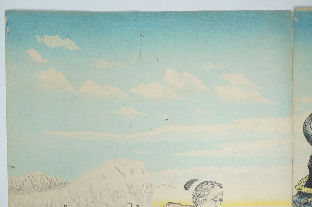 Japanischer Holzschnitt 1885 Original von Kiyochika "Sugawara no Michizane reitet auf einem Ochsen" 0514F7