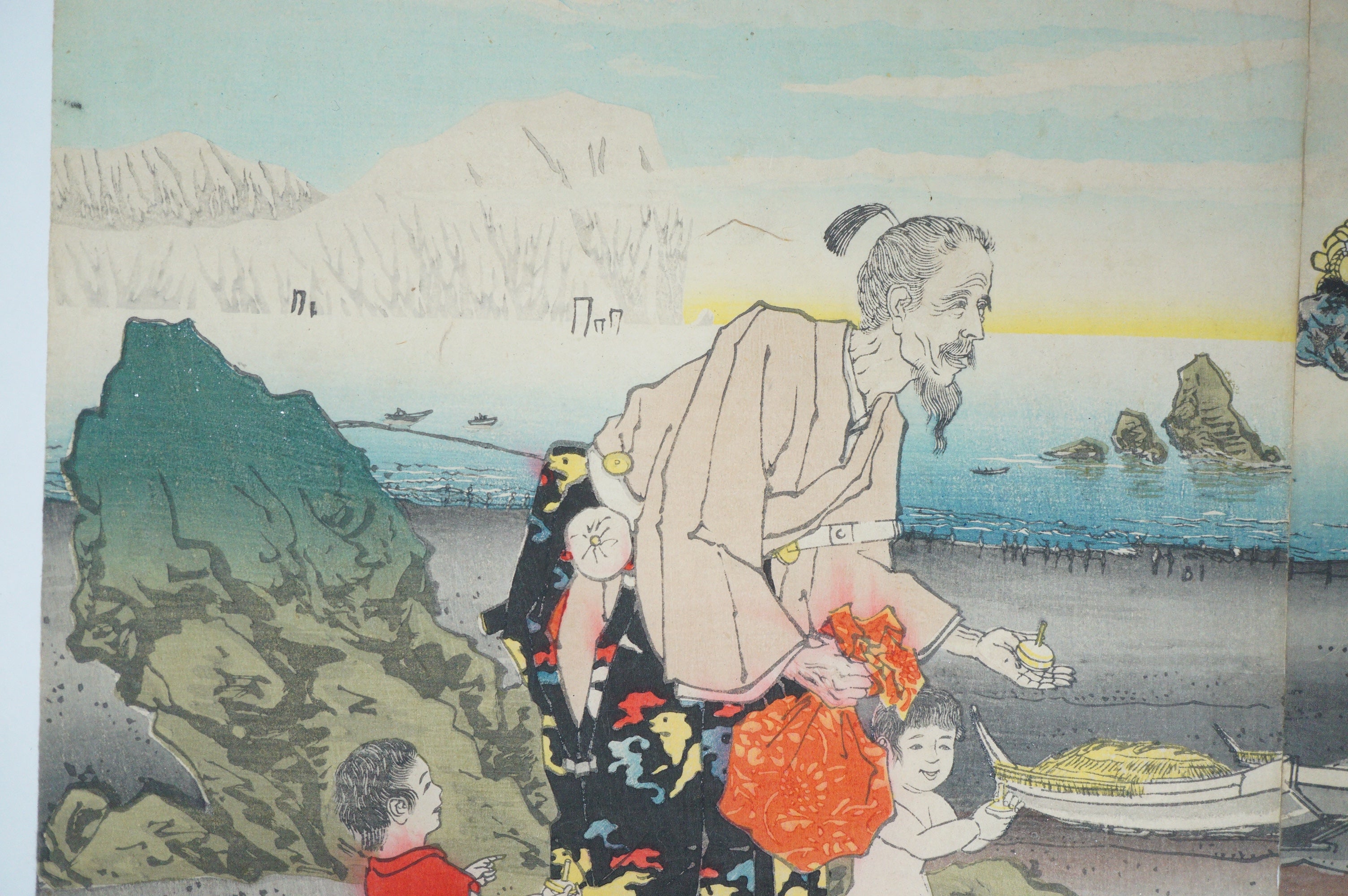 Japanischer Holzschnitt 1885 Original von Kiyochika "Sugawara no Michizane reitet auf einem Ochsen" 0514F7