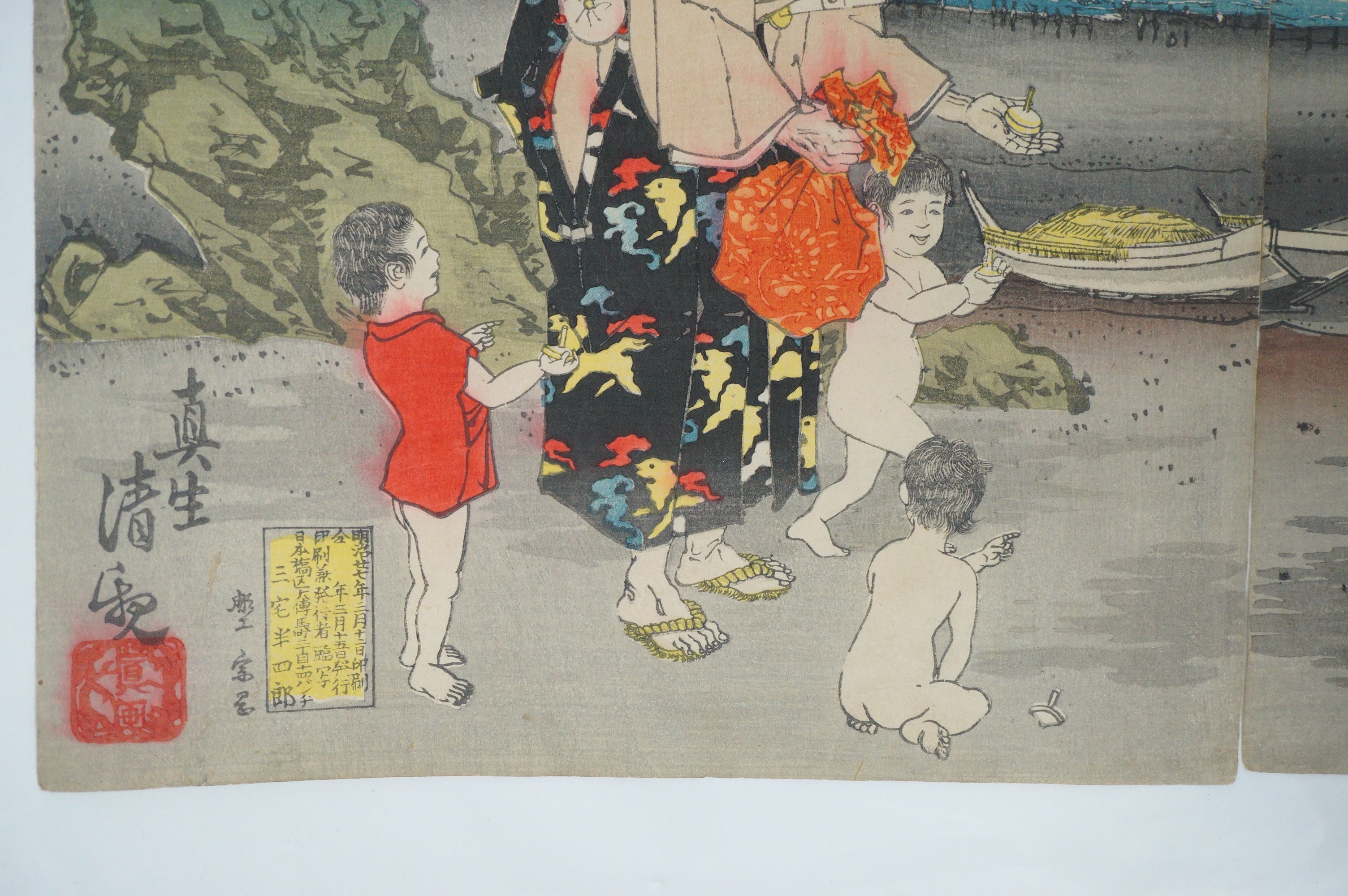 Japanischer Holzschnitt 1885 Original von Kiyochika "Sugawara no Michizane reitet auf einem Ochsen" 0514F7