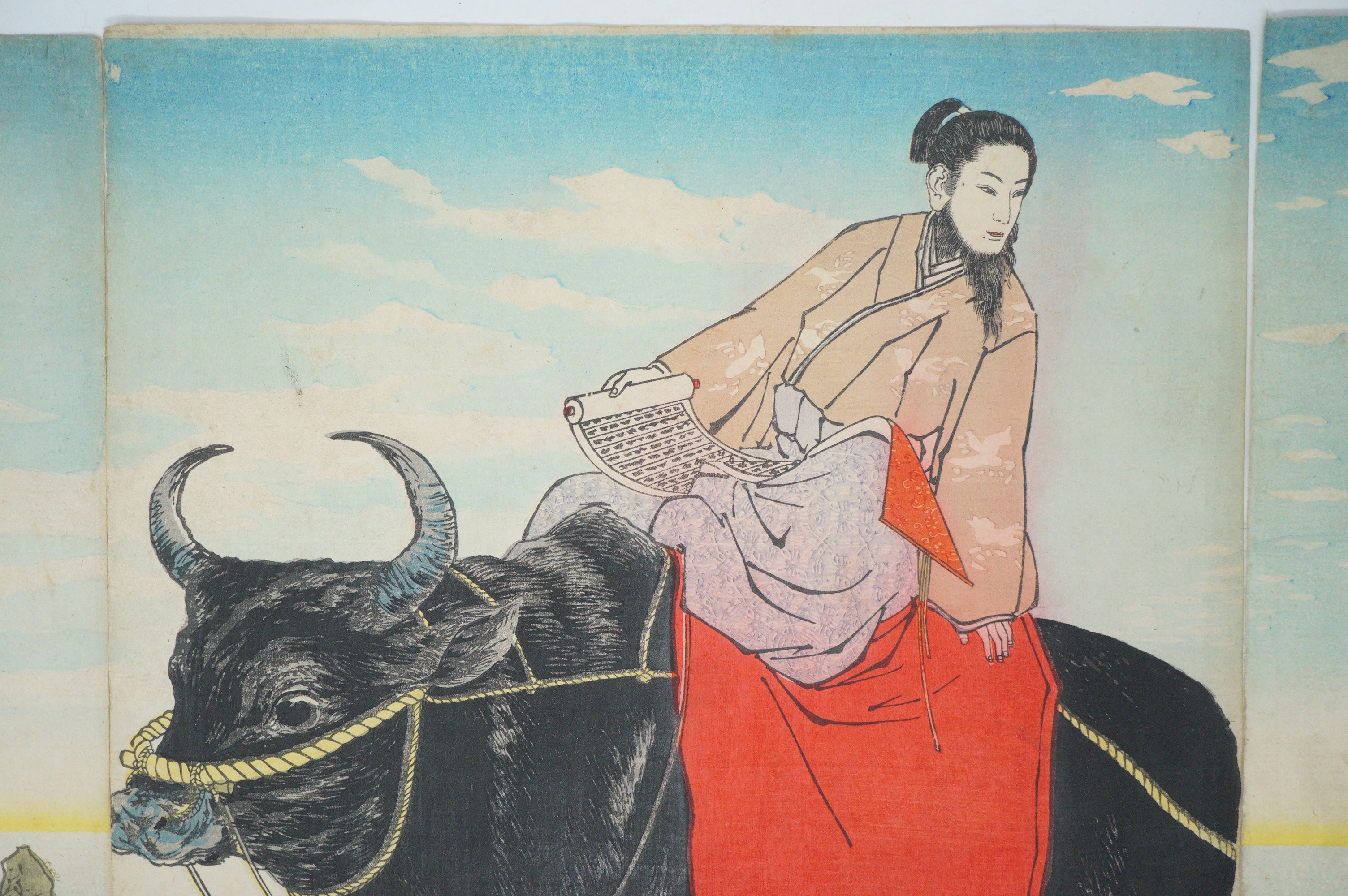 Japanischer Holzschnitt 1885 Original von Kiyochika "Sugawara no Michizane reitet auf einem Ochsen" 0514F7