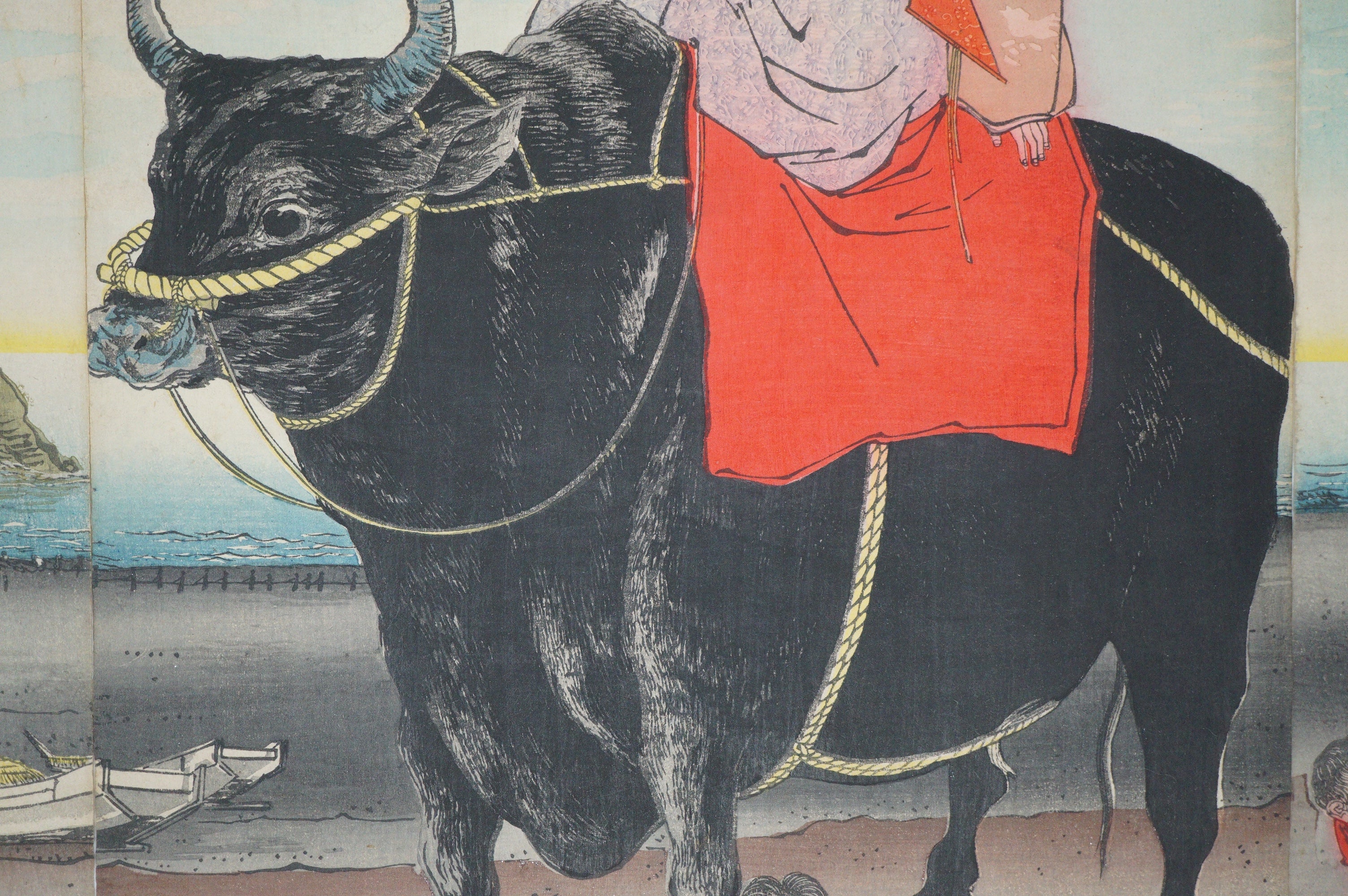 Japanischer Holzschnitt 1885 Original von Kiyochika "Sugawara no Michizane reitet auf einem Ochsen" 0514F7
