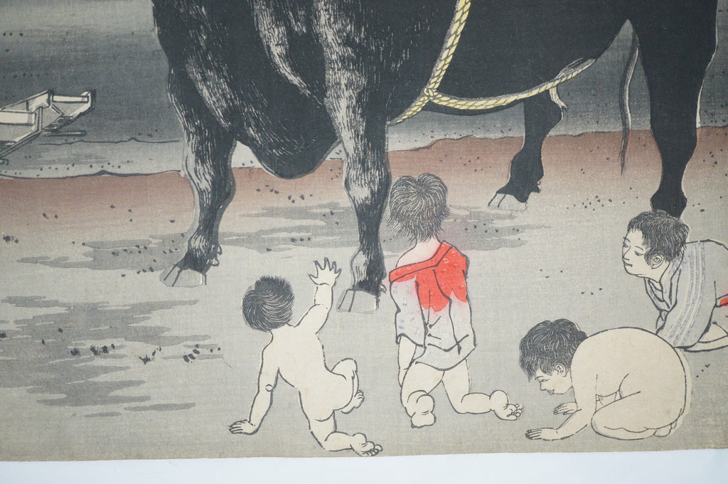 Japanischer Holzschnitt 1885 Original von Kiyochika "Sugawara no Michizane reitet auf einem Ochsen" 0514F7