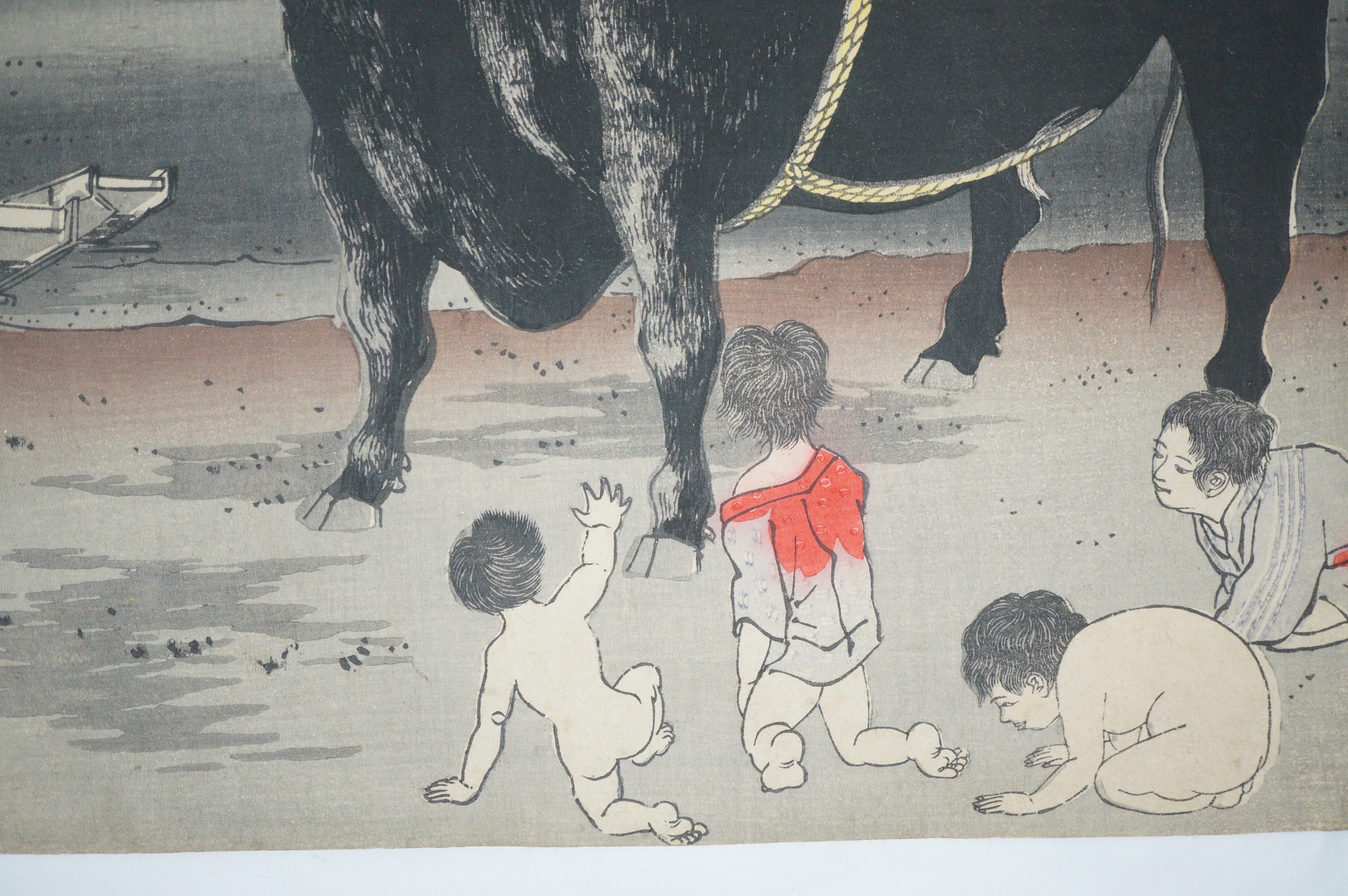 Japanischer Holzschnitt 1885 Original von Kiyochika "Sugawara no Michizane reitet auf einem Ochsen" 0514F7