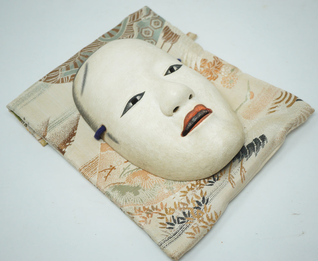 Japanese Kantan Otoko Noh Theater Wooden Mask in Silk Bag Original from Japan 1227F6