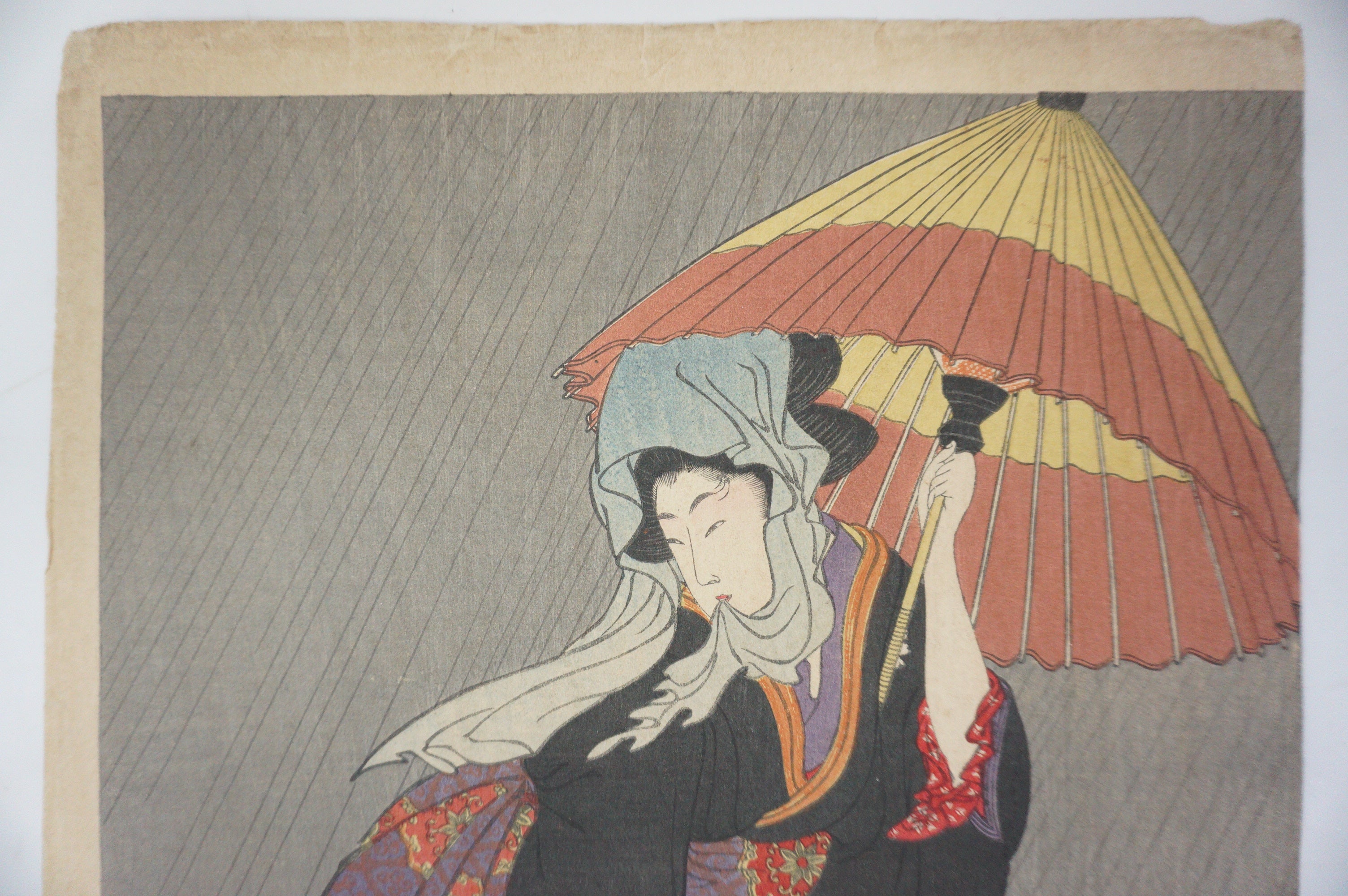 Japanese Woodblock Print Recarved Edition by Kitagawa Utamaro - Beauty in the Rain 1105D7