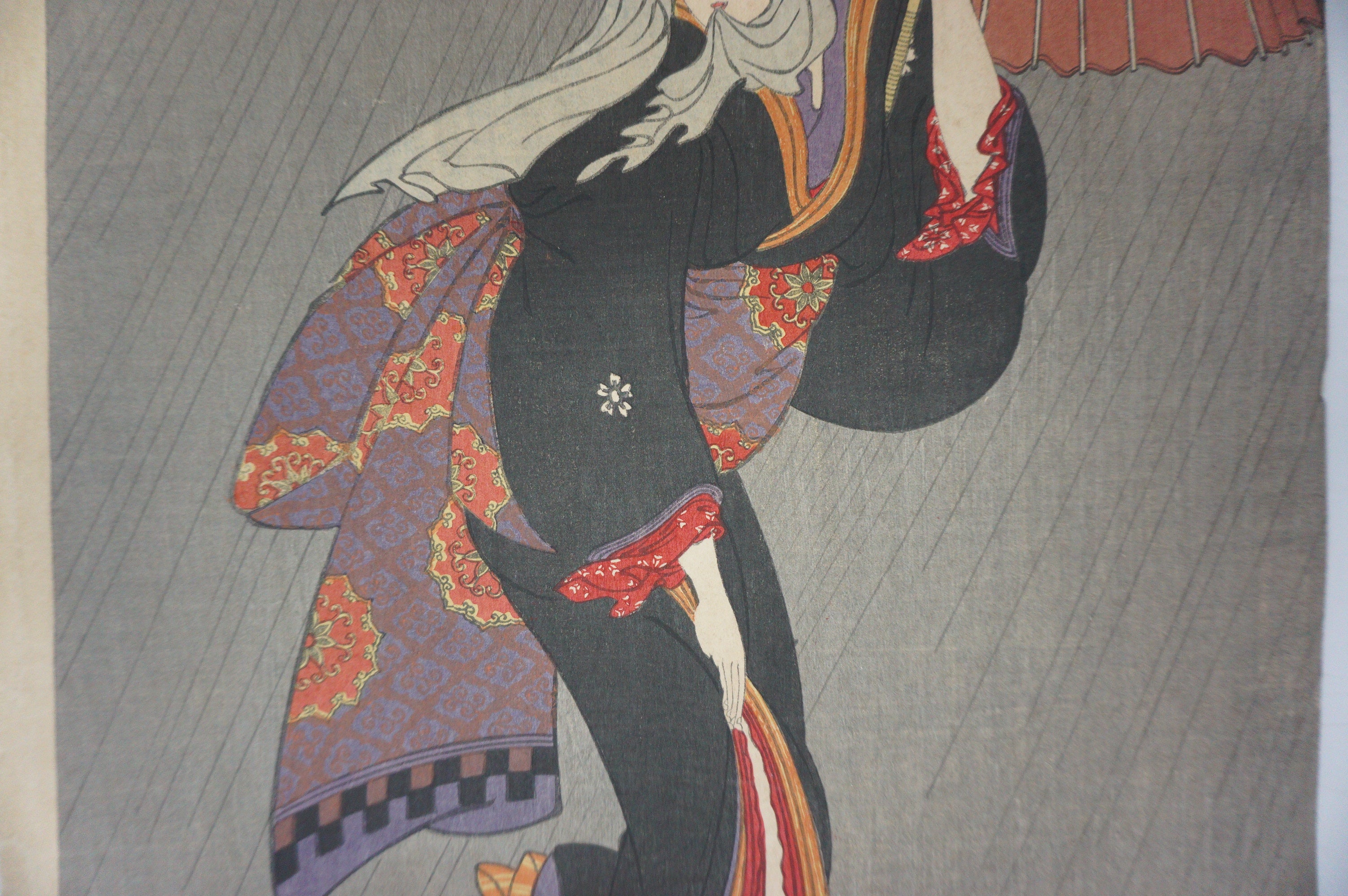 Japanese Woodblock Print Recarved Edition by Kitagawa Utamaro - Beauty in the Rain 1105D7