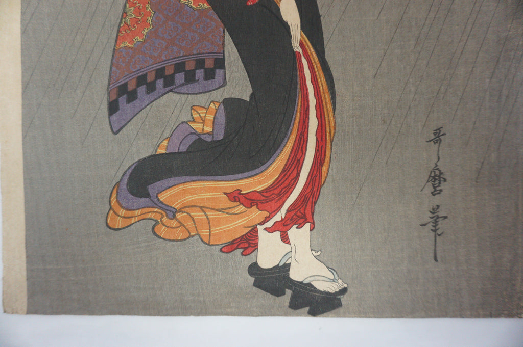 Japanese Woodblock Print Recarved Edition by Kitagawa Utamaro - Beauty in the Rain 1105D7