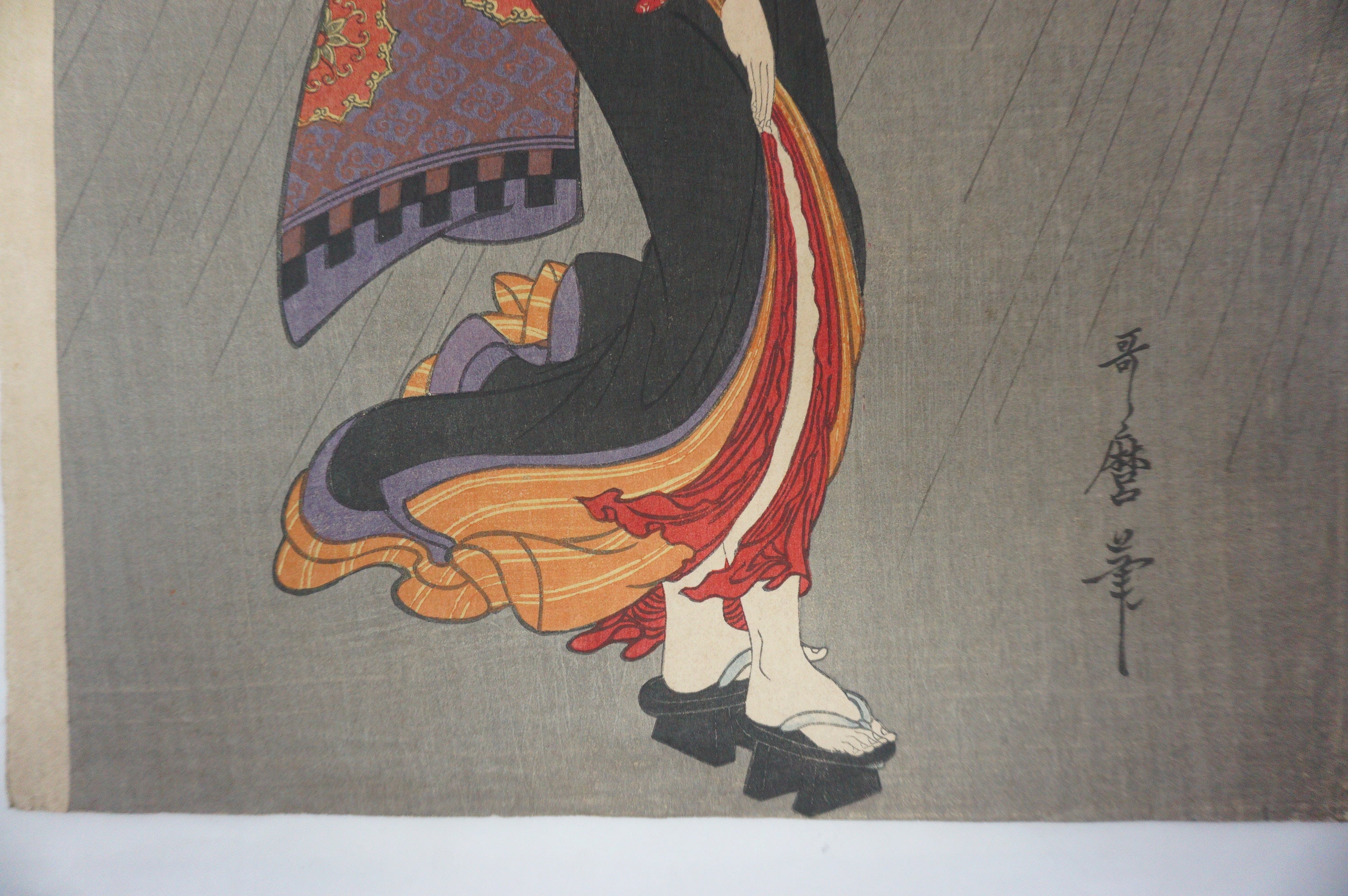Japanese Woodblock Print Recarved Edition by Kitagawa Utamaro - Beauty in the Rain 1105D7