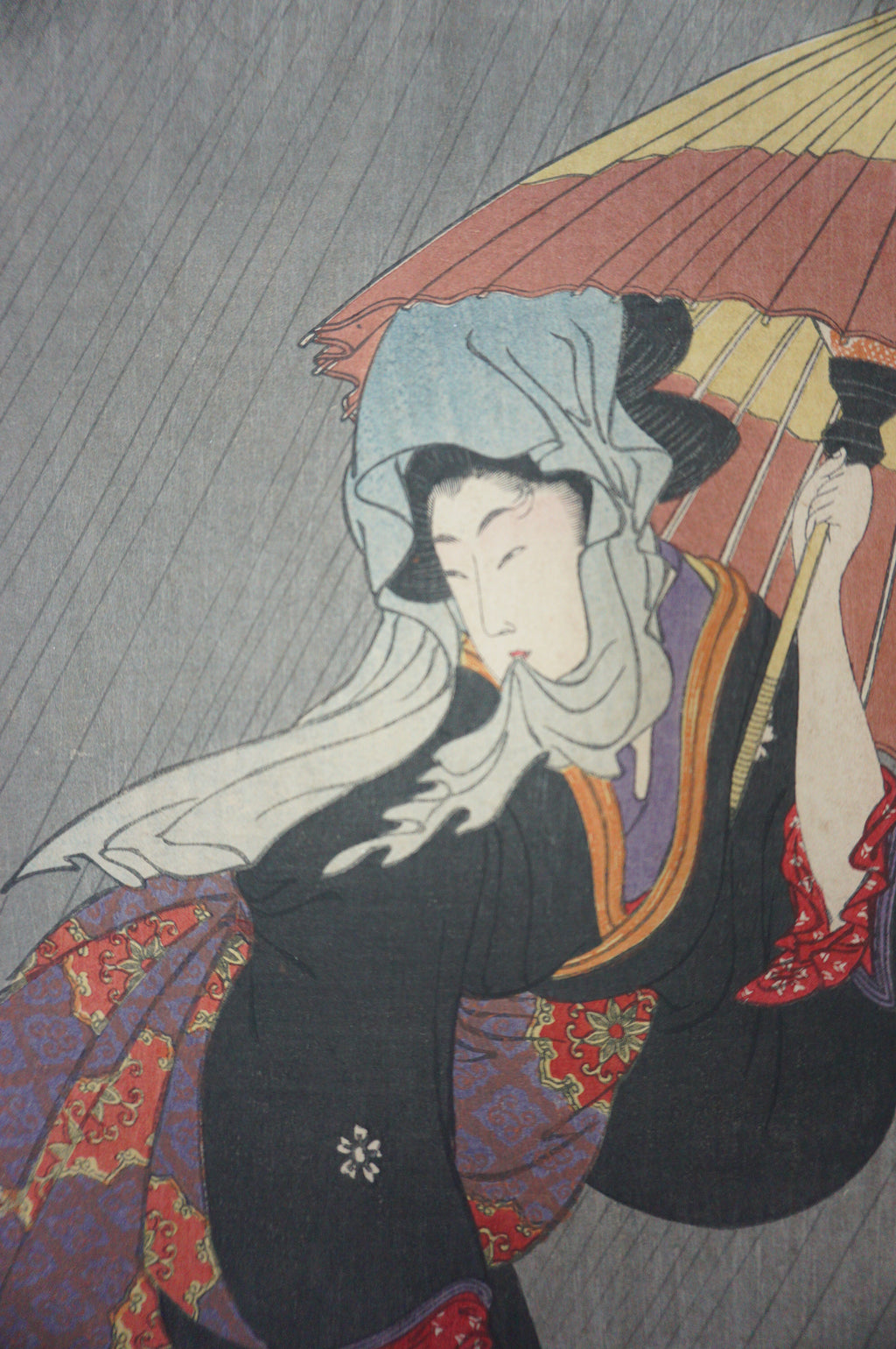 Japanese Woodblock Print Recarved Edition by Kitagawa Utamaro - Beauty in the Rain 1105D7