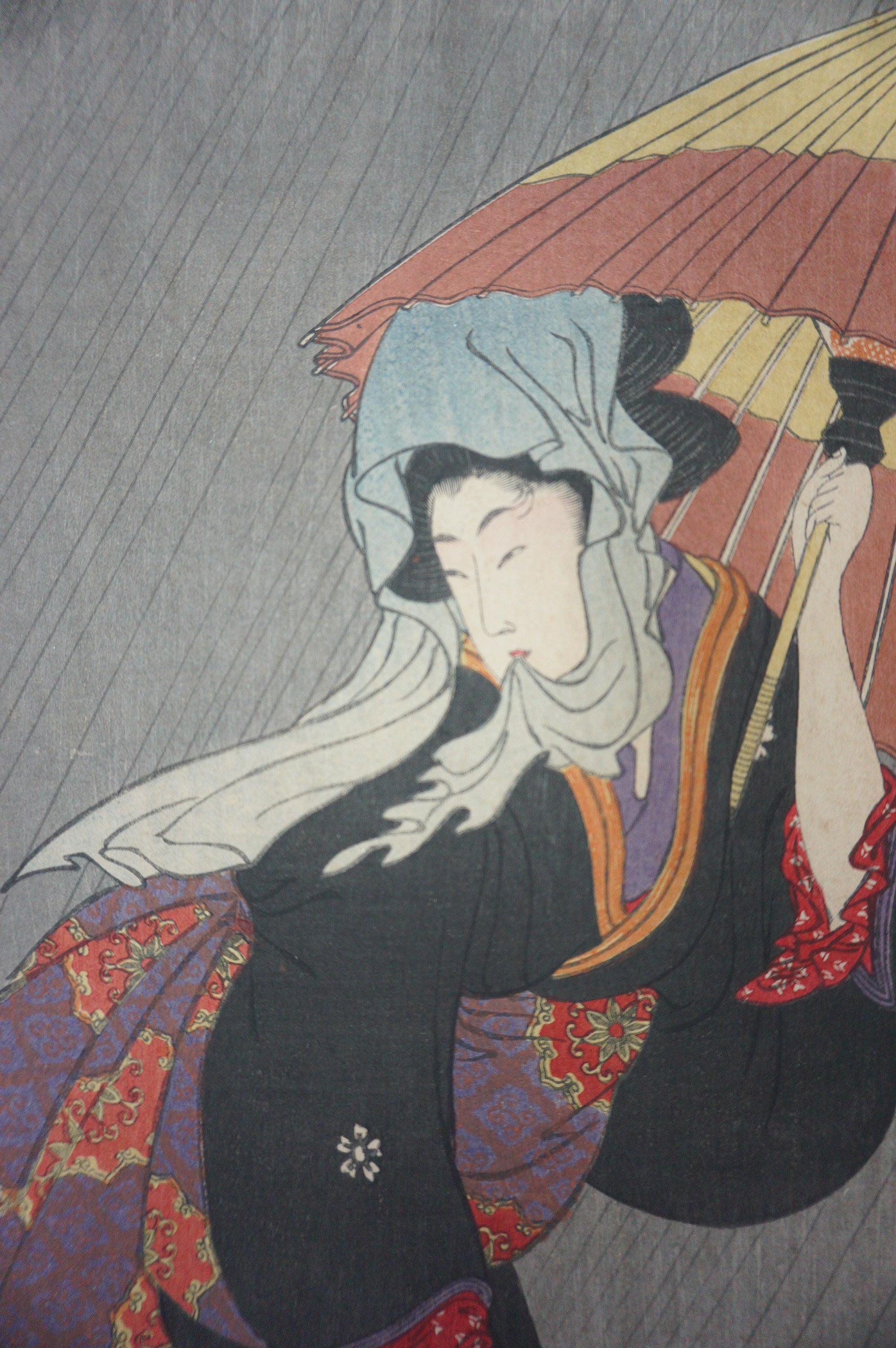 Japanese Woodblock Print Recarved Edition by Kitagawa Utamaro - Beauty in the Rain 1105D7