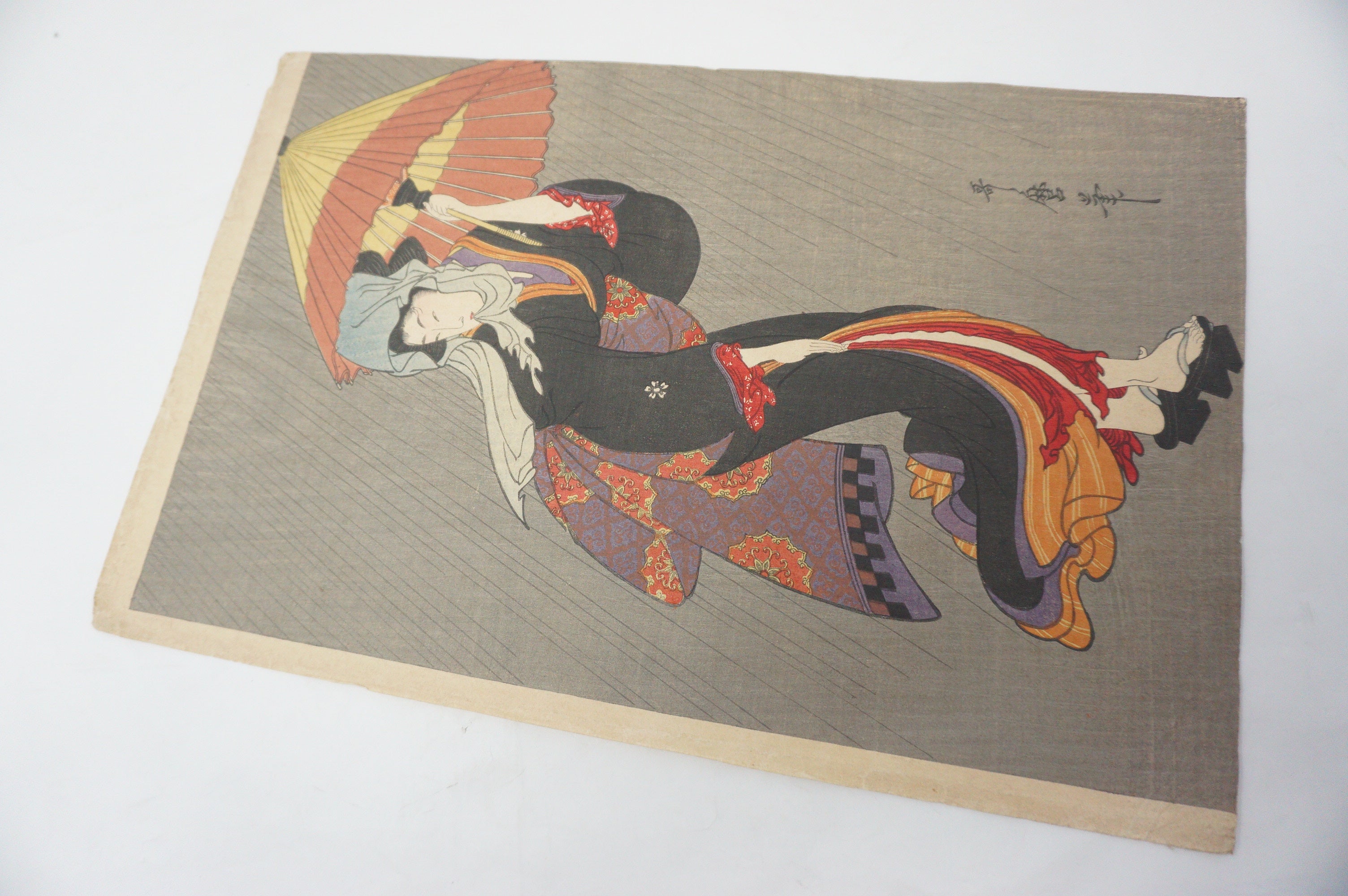 Japanese Woodblock Print Recarved Edition by Kitagawa Utamaro - Beauty in the Rain 1105D7