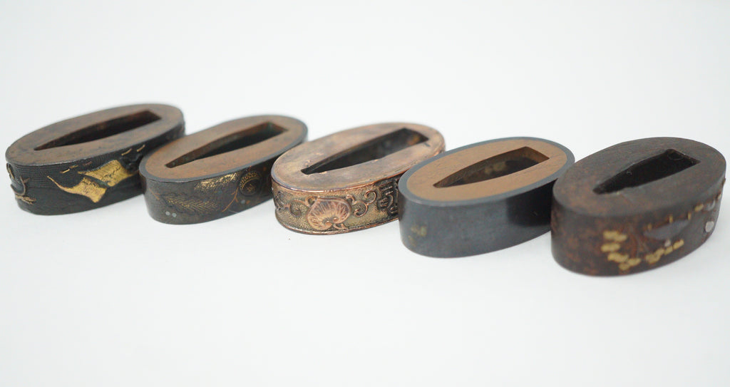 Japanese Fuchi Collection x5 Sword Parts Set with Unique Designs 0706D8
