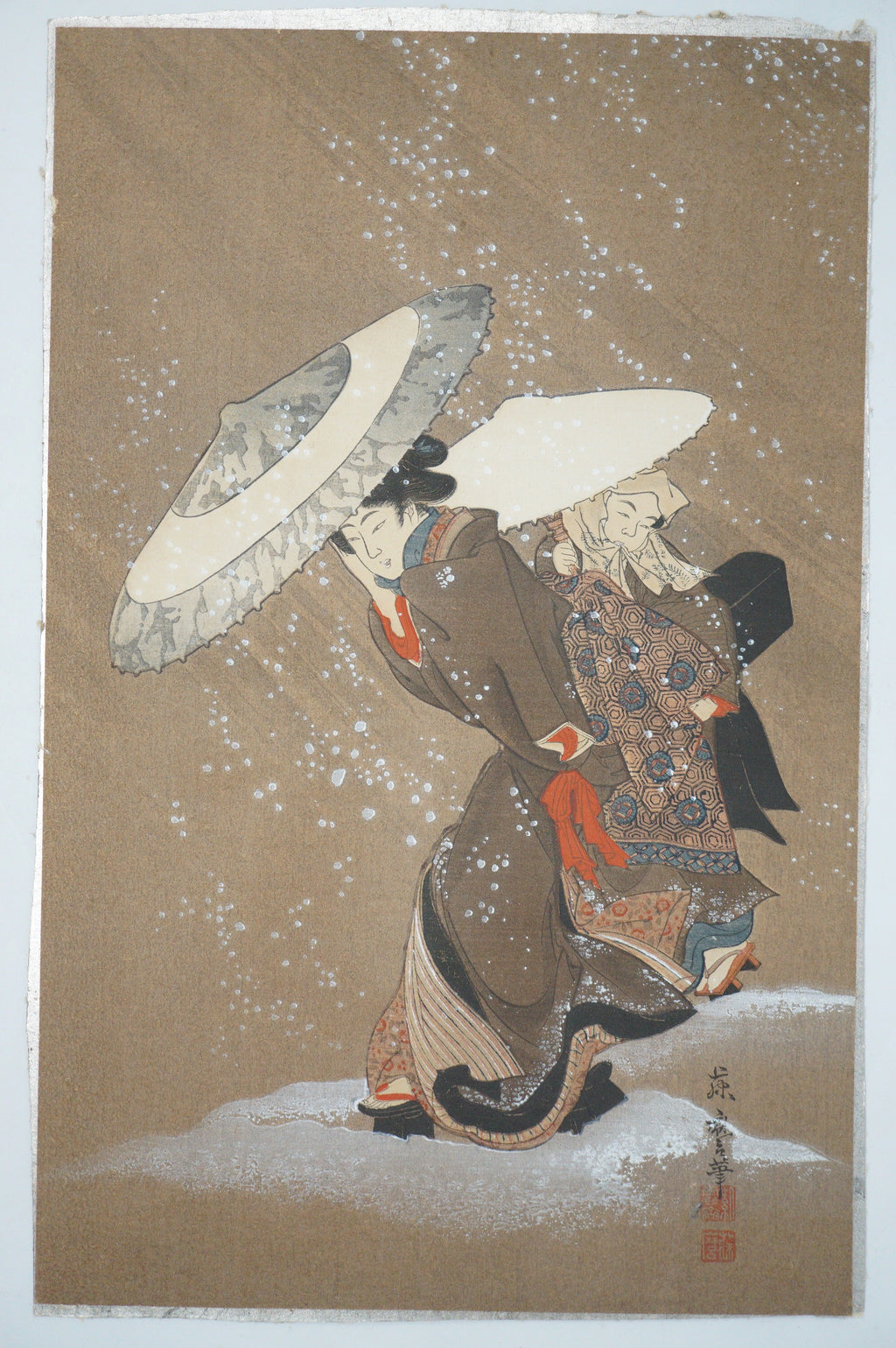 Japanese Woodblock Print -Outing in The Snow Storm- by Kitagawa Fujimaro 0105E8