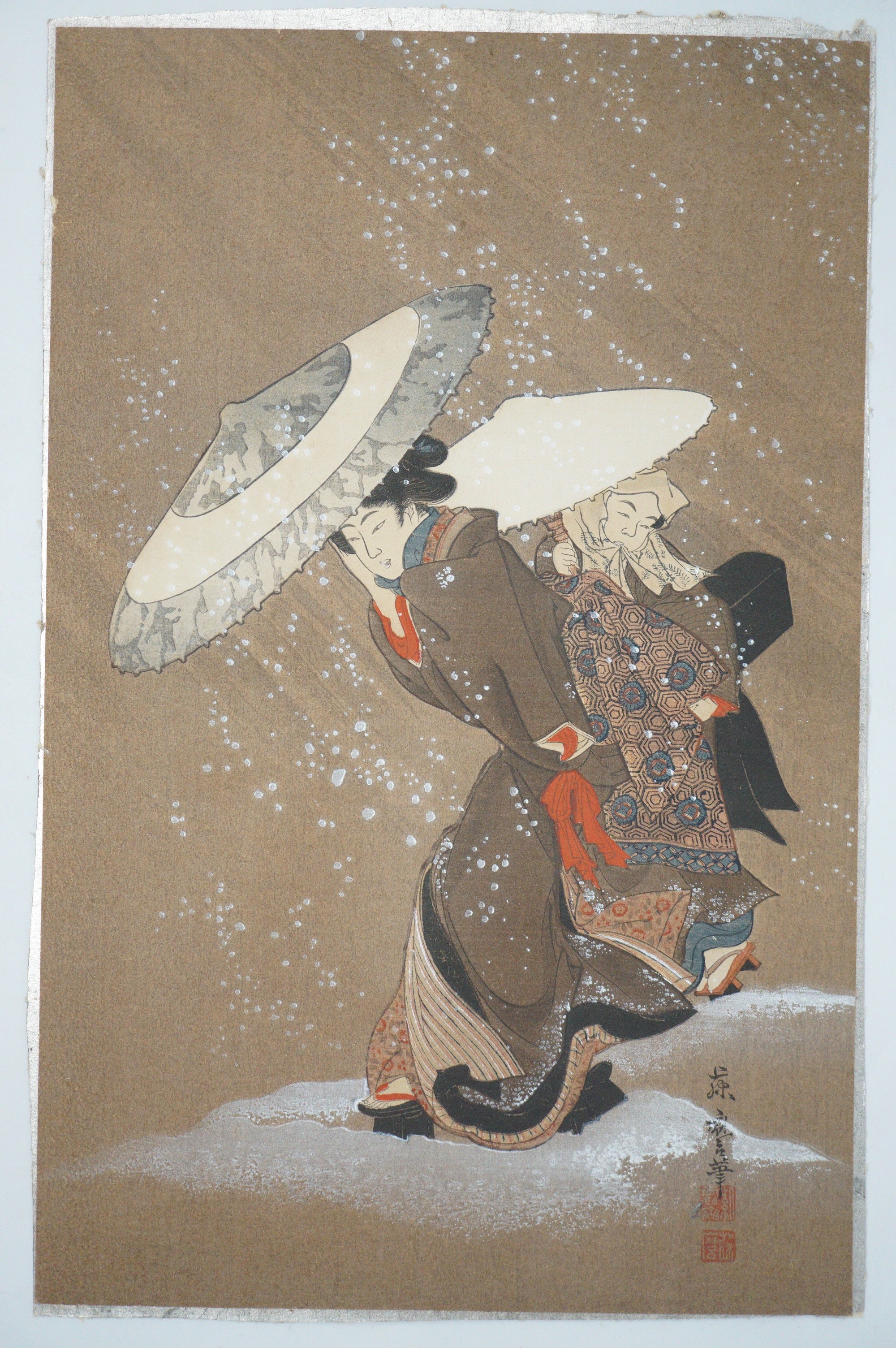 Japanese Woodblock Print -Outing in The Snow Storm- by Kitagawa Fujimaro 0105E8