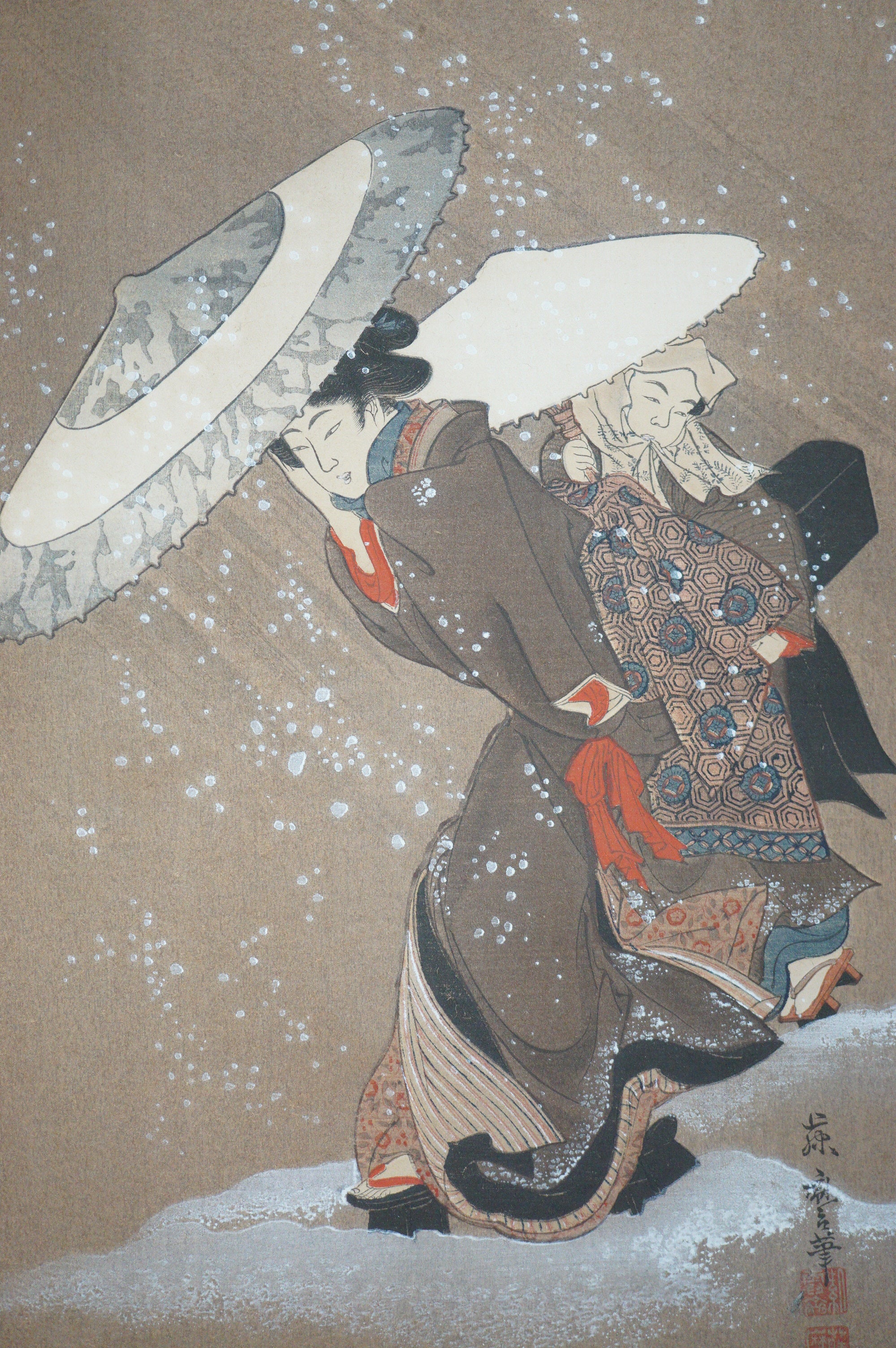 Japanese Woodblock Print -Outing in The Snow Storm- by Kitagawa Fujimaro 0105E8