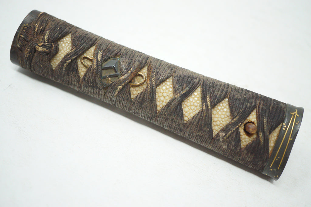 Antique Edo Period Japanese Wakizashi Tsuka • Arrow Motif Gold Inlay Fuchi • Geometric Mixed-Metal Menuki Sword Handle 0623G8