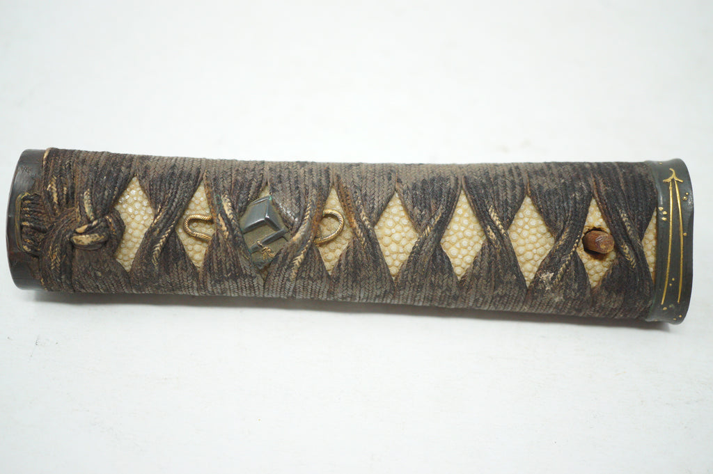 Antique Edo Period Japanese Wakizashi Tsuka • Arrow Motif Gold Inlay Fuchi • Geometric Mixed-Metal Menuki Sword Handle 0623G8