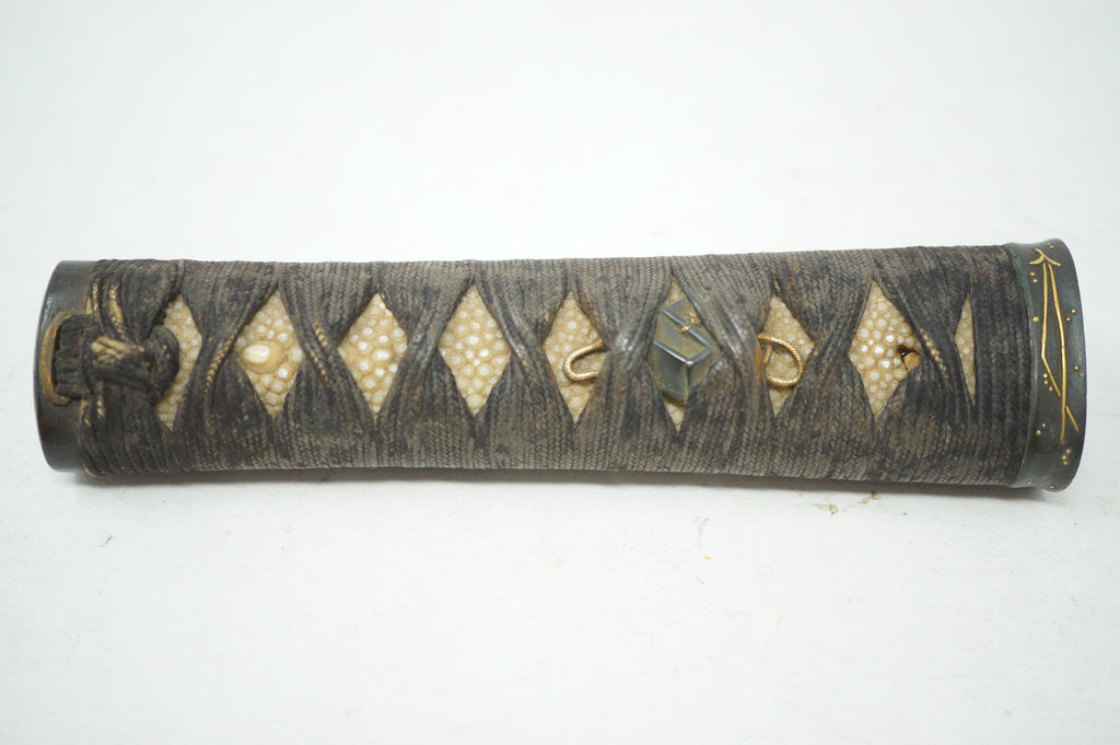 Antique Edo Period Japanese Wakizashi Tsuka • Arrow Motif Gold Inlay Fuchi • Geometric Mixed-Metal Menuki Sword Handle 0623G8