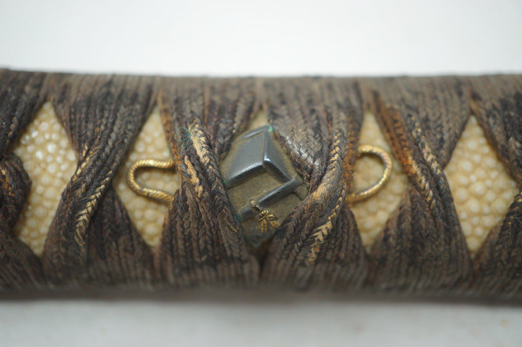 Antique Edo Period Japanese Wakizashi Tsuka • Arrow Motif Gold Inlay Fuchi • Geometric Mixed-Metal Menuki Sword Handle 0623G8