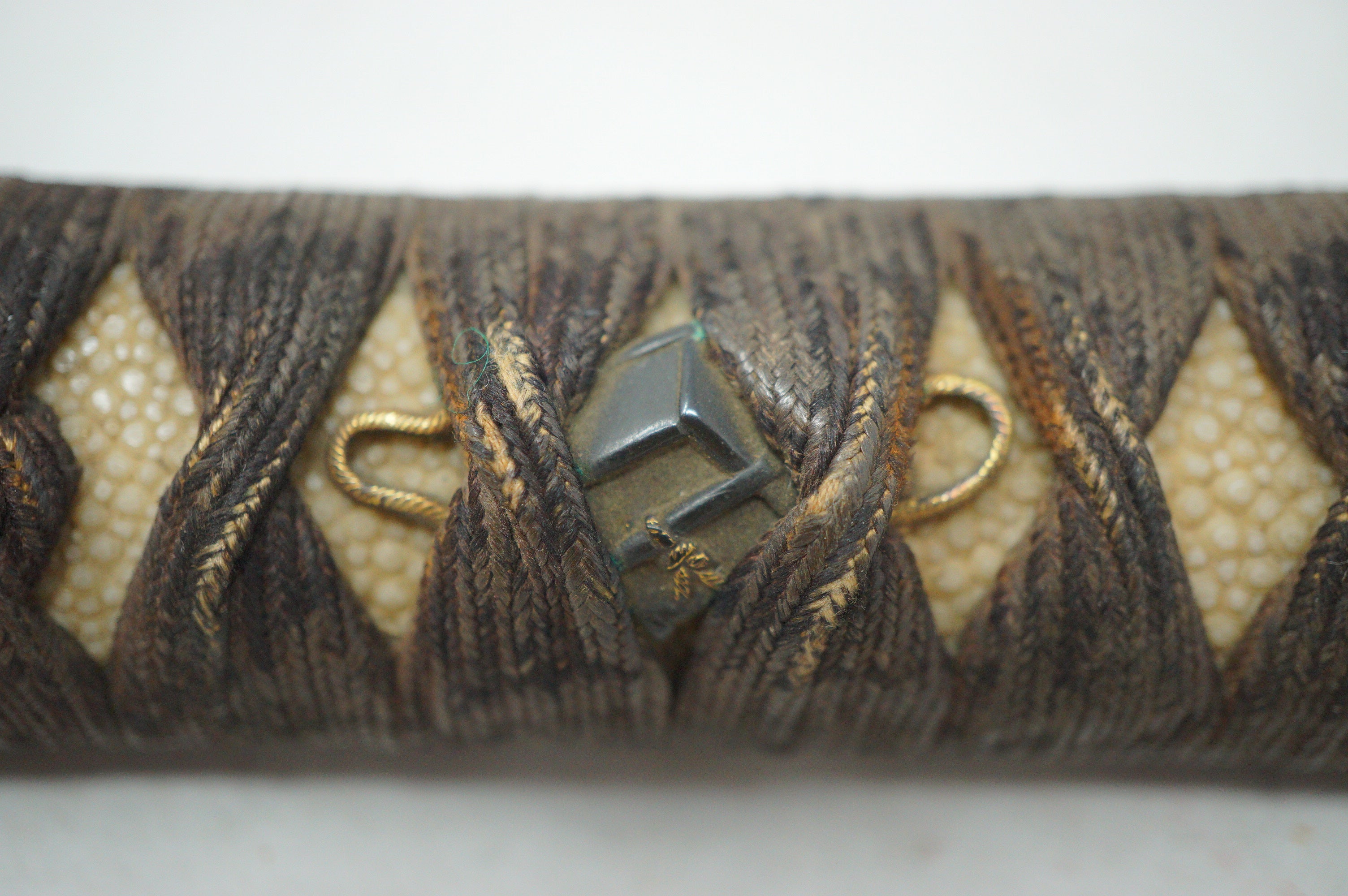 Antique Edo Period Japanese Wakizashi Tsuka • Arrow Motif Gold Inlay Fuchi • Geometric Mixed-Metal Menuki Sword Handle 0623G8