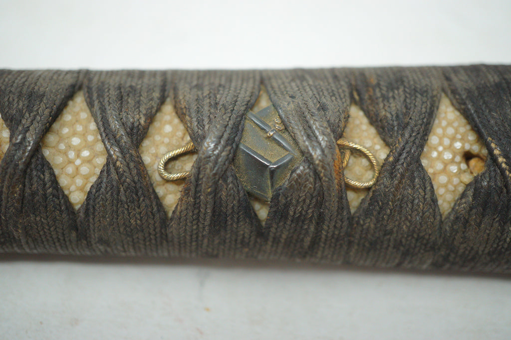 Antique Edo Period Japanese Wakizashi Tsuka • Arrow Motif Gold Inlay Fuchi • Geometric Mixed-Metal Menuki Sword Handle 0623G8
